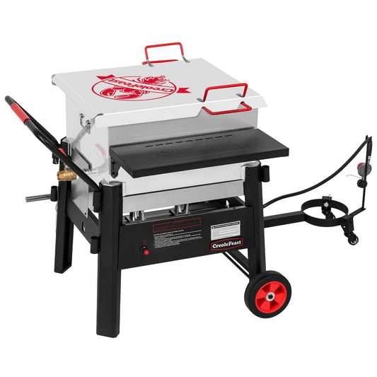 Creole Feast CFB1001A 90 QT Crawfish Boiler, Outdoor Single Sack Propane Gas Cooker with Folding Cylinder Mounting Bracket and Stirring Paddle for Seafood & Crawfish Season, Black