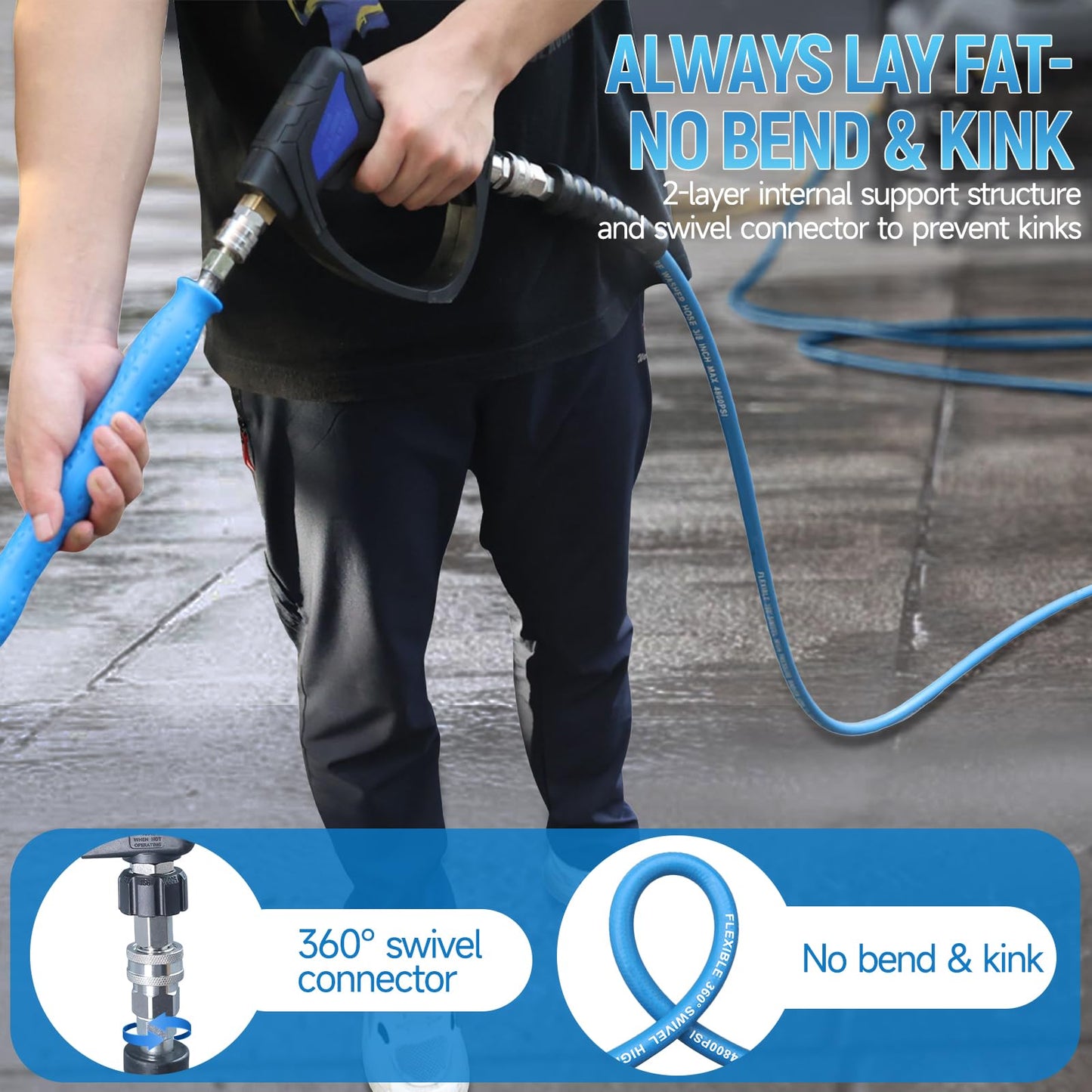 TUTULUCK 3/8" Pressure Washer Hose 100ft – 4800 PSI Commercial-Grade Steel Braided Heavy Duty Power Washer Hose for Hot & Cold Water, with 2 M22 14mm Adapters