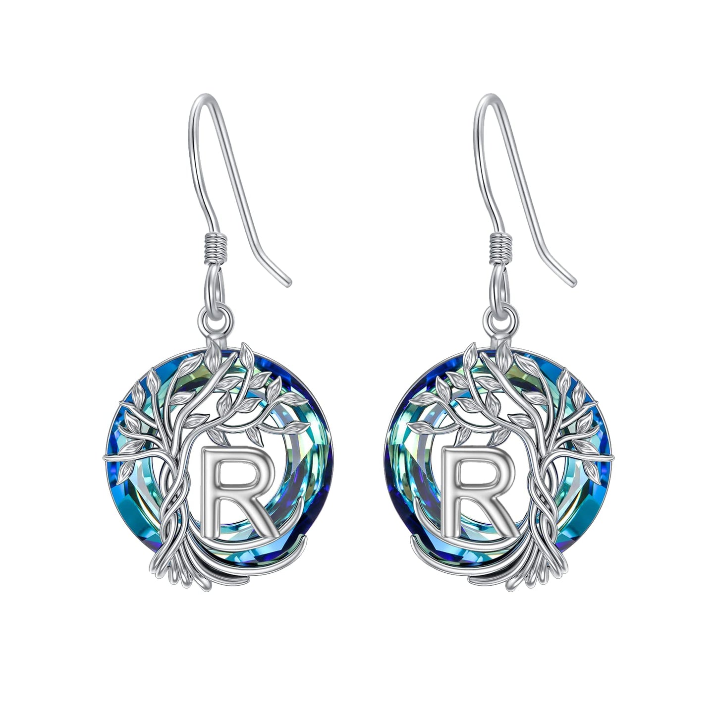 TOUPOP Tree of Life Initial Earrings Sterling Silver Initial R Letter Drop Dangle Earrings Blue Circle Crystal Family Tree Jewelry Birthday Mothers Day Gifts for Women Mom Her