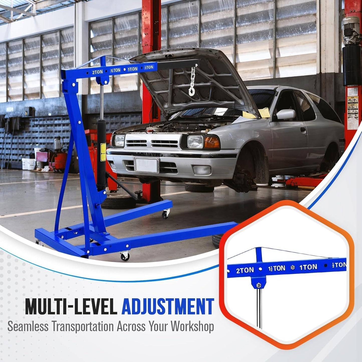 GarveeTech 2 Ton Folding Engine Hoist, Cherry Picker Engine Hoist, 4400 LBS Heavy Duty Hydraulic Shop Crane with Telescopic Boom and 6 Casters Engine Lifter for Automotive Repair