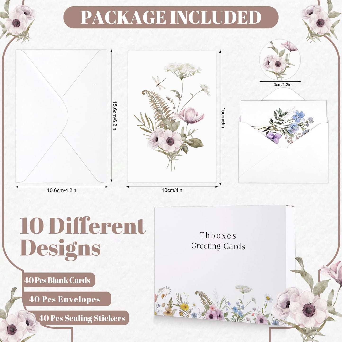 Thboxes Blank Cards and Envelopes, 40 Pack Blank Note Cards 4x6 in Thank You Card with Stickers, Teacher Appreciation Card Stationary Set for Graduation, Weddings, Birthdays, Baby Showers