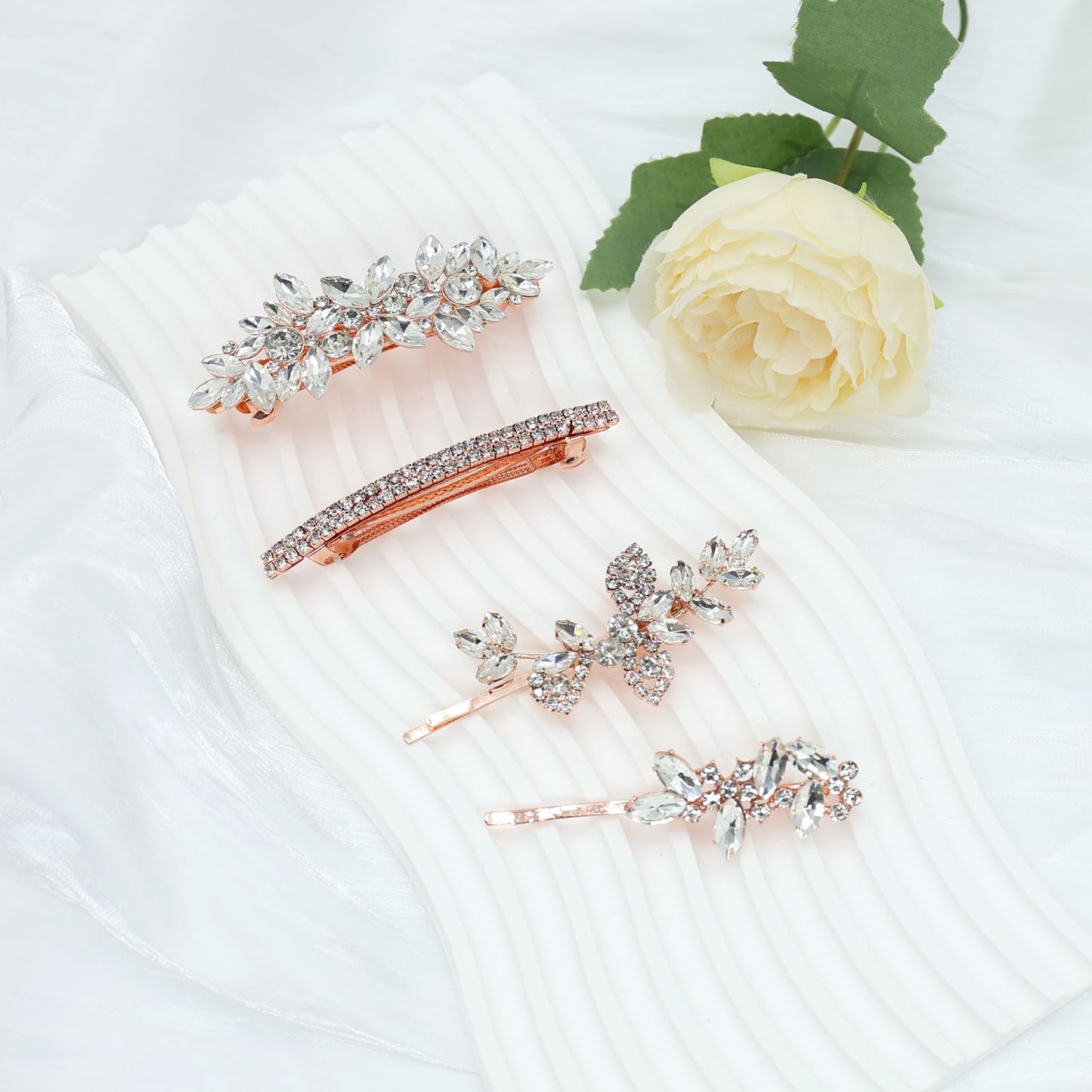 4 Pieces Rhinestone Hair Clips Leaf Wedding Hair Pins Crystal Bobby Pins Bridal Hairpin Barrette for Brides Bridesmaids Flower Girls (Rose Gold)