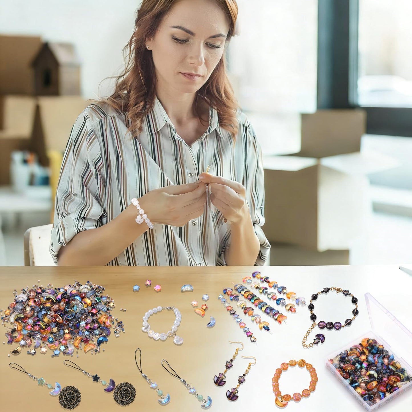 KINGSHINE 620pcs Mixed Star Moon Glass Beads for Jewelry Making, Shaped Star Moon Spacer Beads with Glass Seed Beads for DIY Supplies Bracelets Necklaces Earrings