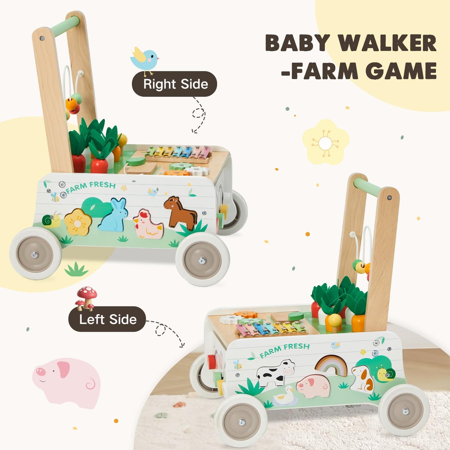 Wooden Baby Walker, Baby Push Walker, Adjustable Speed Baby Walker with Wheel, Toddler Activity Center Toys, Montessori Farm Walker Toy with Shape Sorter, Carrot Harvest for Boys and Girls