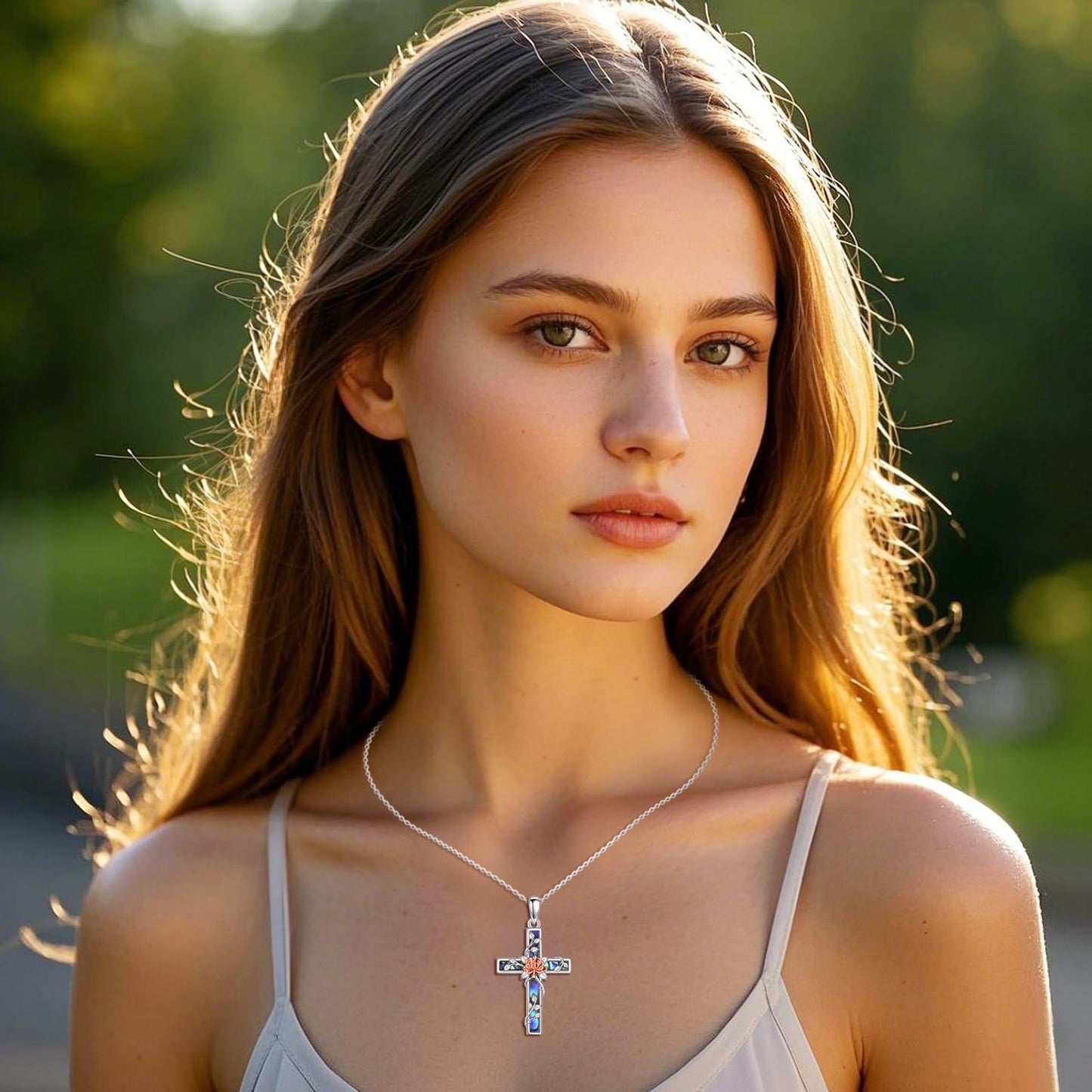 YFN Chrysanthemum Cross Necklace Sterling Silver Flower Cross Pendant Abalone Shell Jewelry Religious Christian Baptism Gifts for Her Women