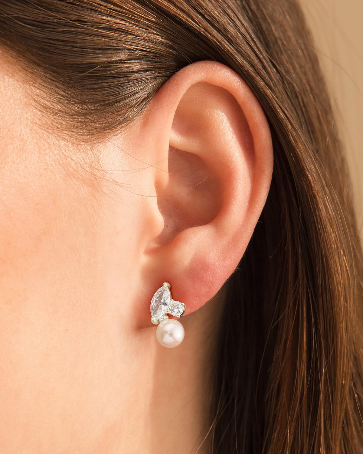 BSGRL Pearl Earrings - Silver 14k White Sparkle Gold Plated Cubic Zirconia Pearl Stud Earrings for Women Wedding Party Bridal