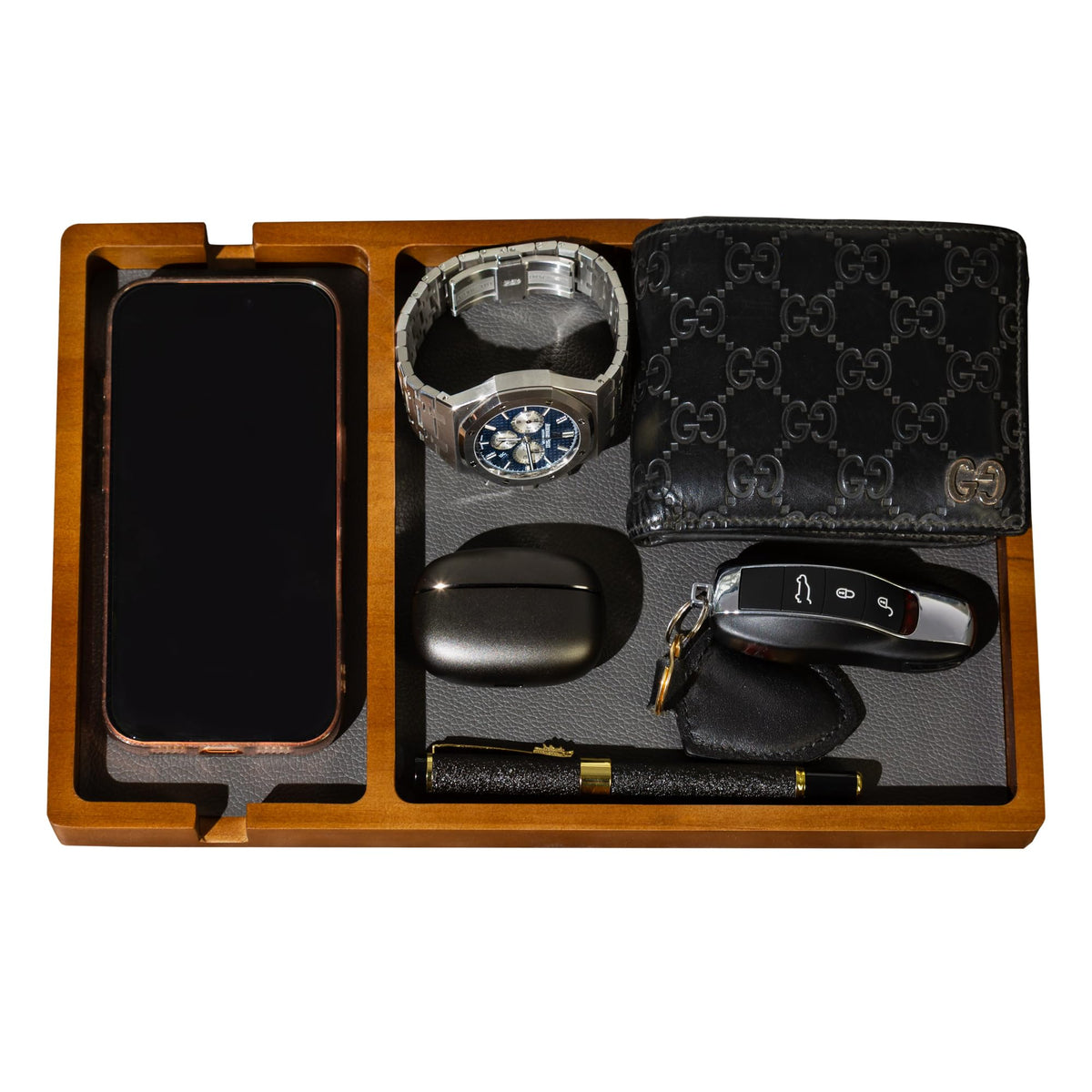 Shinpuru Wooden Valet Tray for Men, Nightstand Organizer with Leather Inlay, EDC Essentials Catchall Tray for Keys, Phone, Wallet, Watch, Earbuds - Bedside Desk Entryway Tray (Wood-Phone)