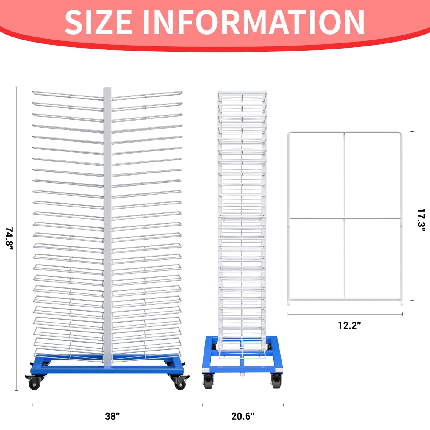 WUGEBA 50-Shelf Paint Drying Rack with 4 Locking Casters, Heavy-Duty Steel Art/Painting Drying Rack, 25 lbs Load per Shelf, 2.1" Tier Spacing, Mobile Organizer for Panels, Drawings & Cabinet Doors