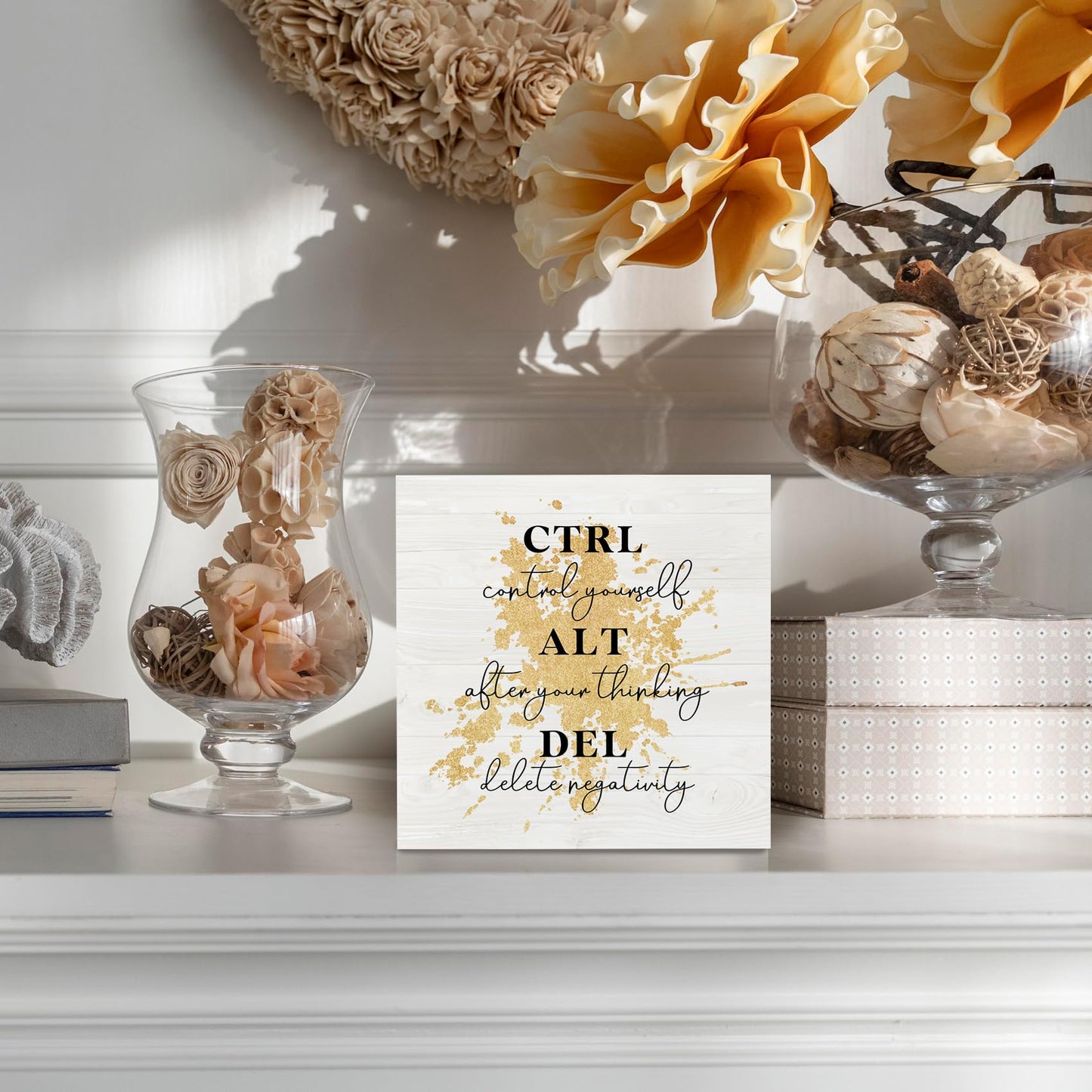 KFXHANGD Ctrl Alt Del Office Motivational Gold Wooden Box Sign Desk Decor, Inspirational Decorative Signs for Office and Bedroom, Positive Home Shelf Desk Decoration 5x5 Inch