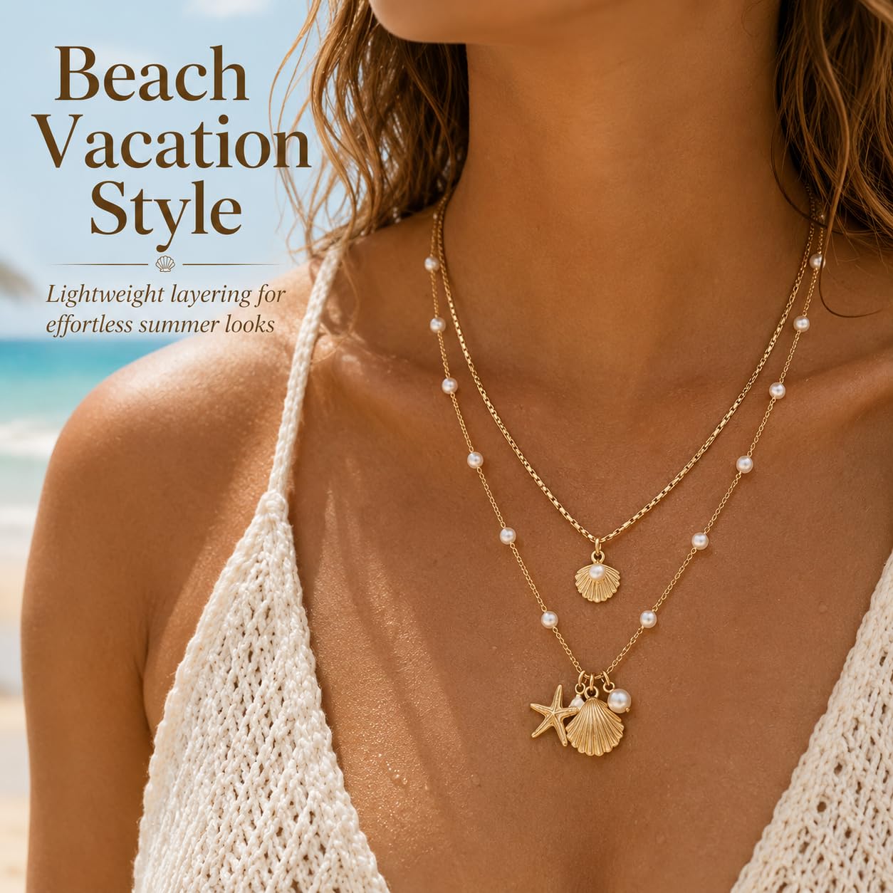 Shell Starfish Necklace for Women Gold Tone Layered Beach Jewelry Pearl Seashell Charm Adjustable Coastal Necklace for Summer Vacation Outfits Gifts