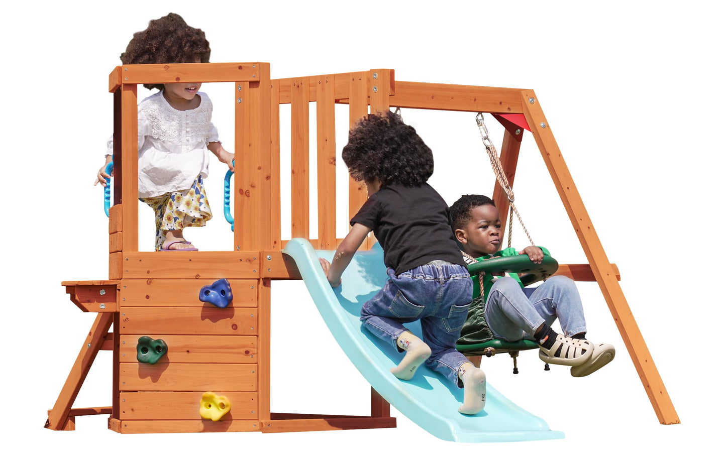 Dolphin Playground 5-in-1 Toddler Swing Sets with Slide for Backyard, Toddler Outdoor Playset with Baby Swing, Table, Blackboard, Kid Slide, Rock Climbing Wall, Ages 18 mo to 4 yrs
