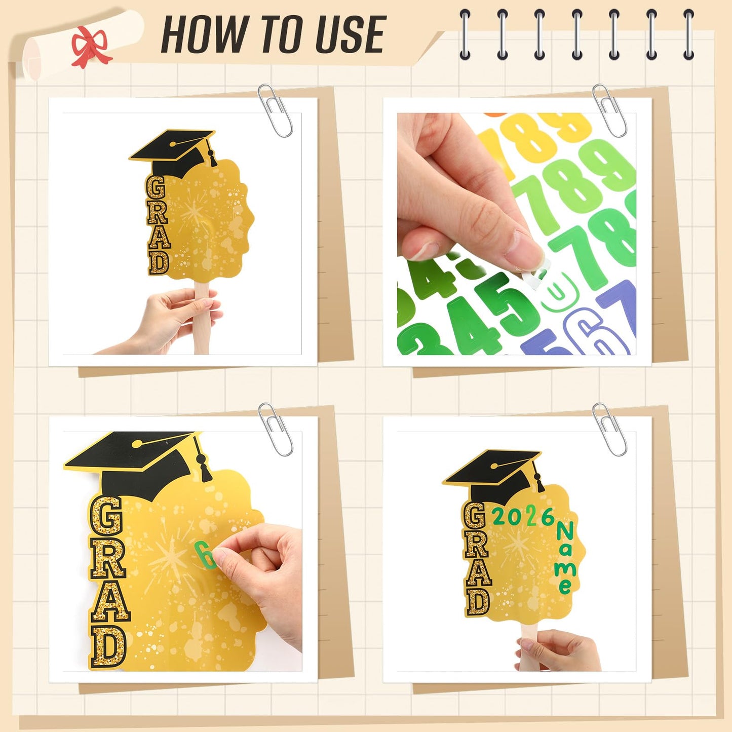 Lemosae 12 Pcs Graduation DIY Paper Fans Handheld Set Grad Face Fans with Number Alphabet Stickers Class of 2026 Grad Photo Props for Graduates Gifts Graduation Party Souvenirs Supplies