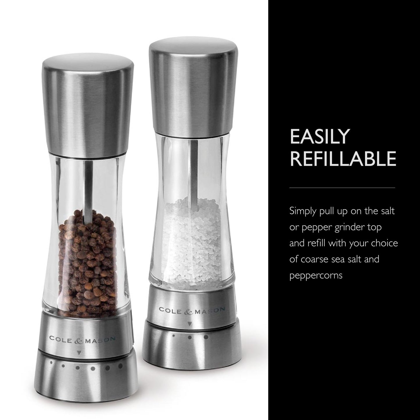 Cole & Mason Derwent Salt & Pepper Mill Grinder Set - Adjustable Grind Settings - Sea Salt & Black Peppercorn for Easy Refill - Stainless Steel