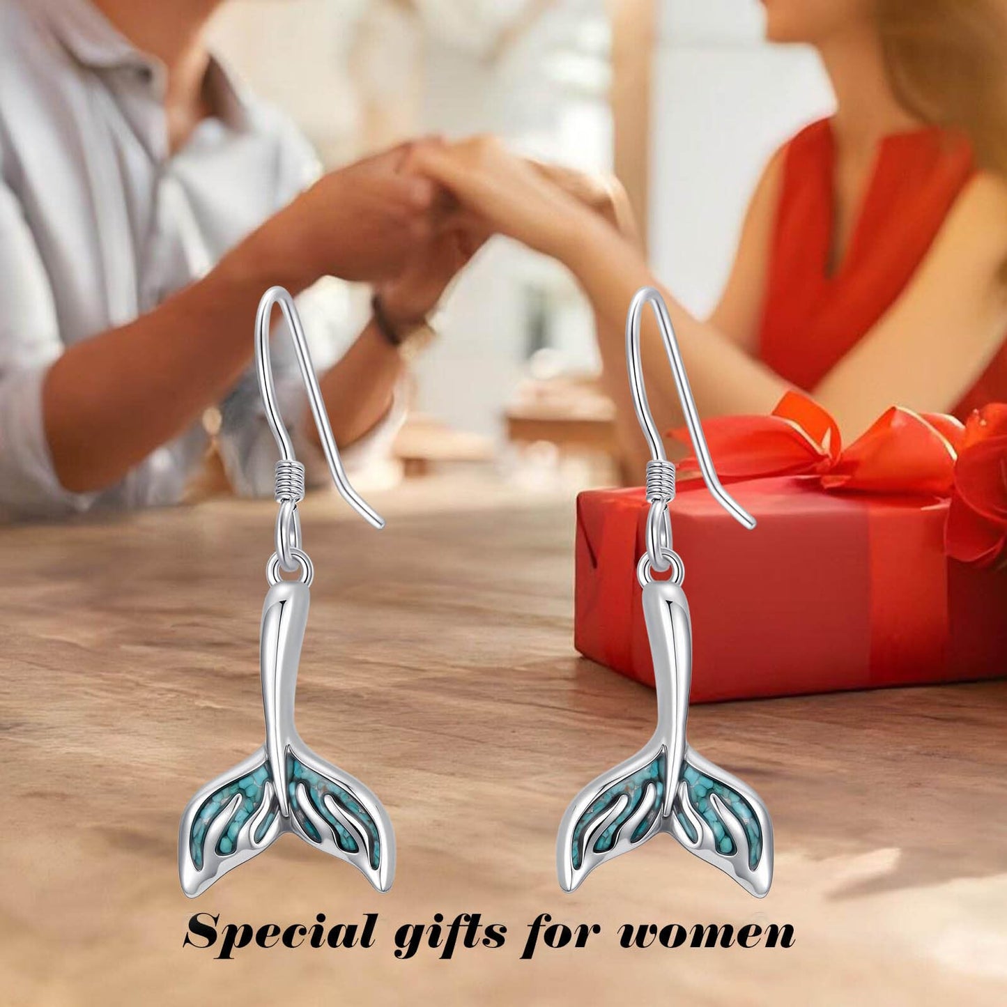 HPQQ Mermaid tail Earrings 925 Sterling Silver Turquoise Mermaid tail Dangle Earrings Ocean Beach Themed Jewelry Mother's Day Jewelry Gifts for Women