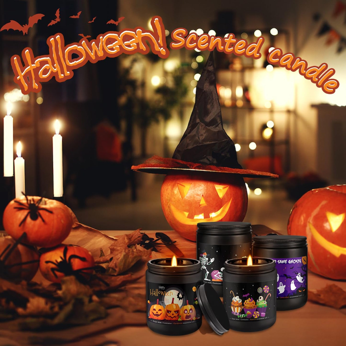 Wfmolcand Halloween Scented Candles Set, 4 Pack (7oz Each) Soy Wax Candles with Pumpkin, Ghost, Skeleton Designs, Perfect for Halloween Decor, Gifts and Aromatherapy.