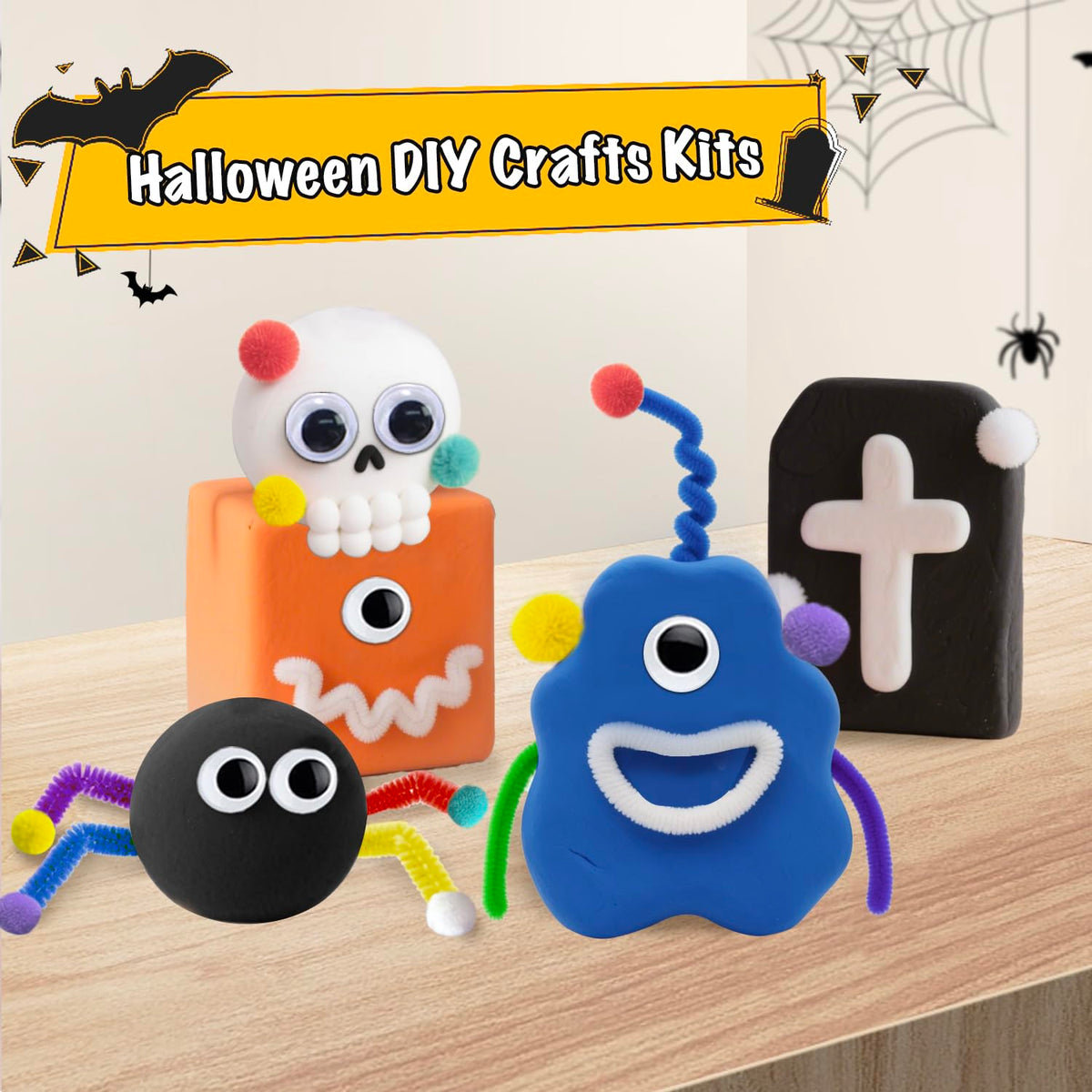 NAXYAN 16 Packs Halloween Party Favors DIY Halloween Monster Air Dry Clay Crafts Kits for Kids Halloween Treats Non Candy Toys Gifts Bulk for Classroom