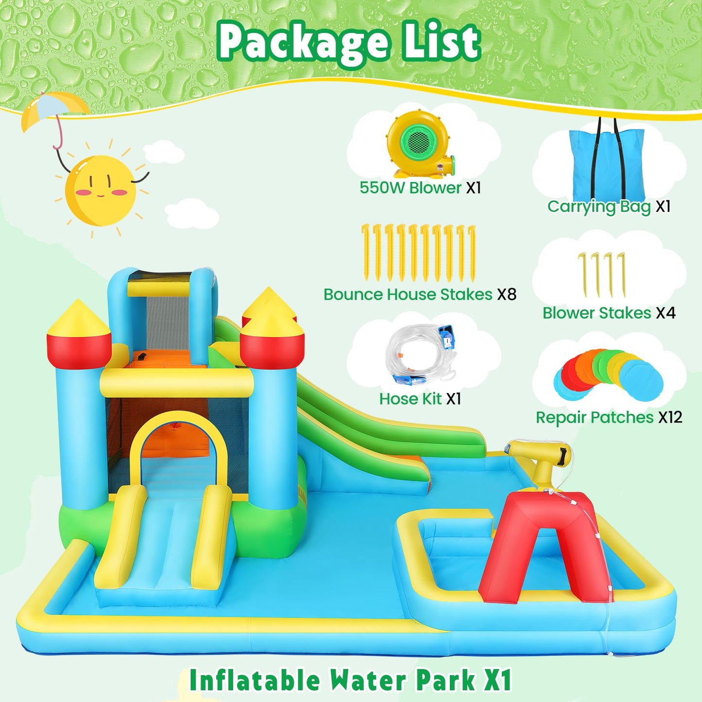 AKEYDIY Water Slide,Outdoor Inflatable Water Slide for Kids,Water Bounce House with Deep Splash Pool,Dual Slide,Big Bounce Area,Water Cannon&Basketball Hoop,Bouncy Castle with 550W Blower for Backyard