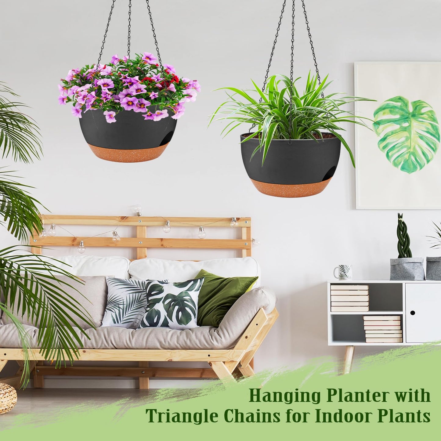 Lucieblessdesign Hanging Planters for Outdoor Indoor Plants, 2 Pack 10 Inch Hanging Basket Plants Outdoor, Self Watering Hanging Planter with Plant Hanger for Garden Home Decoration (Black, 10 inch)