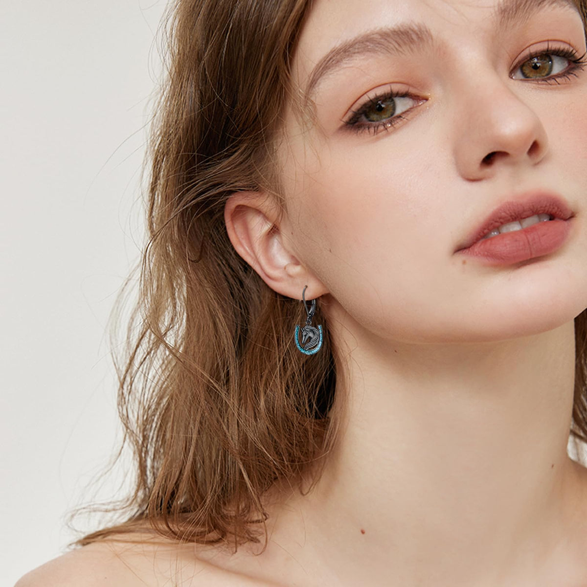 YYmqmq Black Horse Earrings for Women 925 Sterling Silver Turquoise Horseshoe Dangle Earrings Leverback Western Jewelry Horse Gifts for Women Girlfriend Lovers