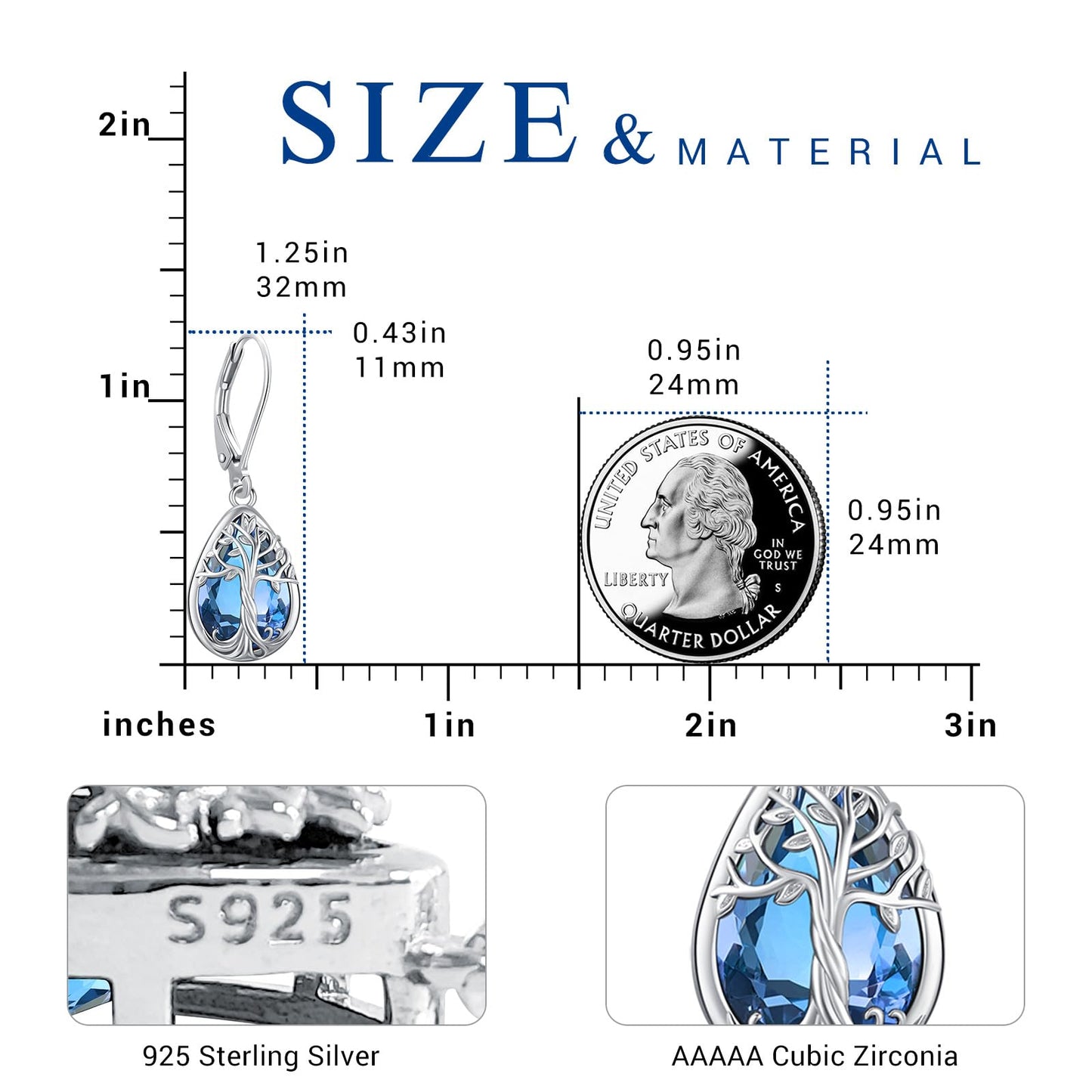 Eusense Tree of Life Earrings 925 Sterling Silver Drop Dangle Earrings for Women with Sapphire Teardrop Birthstone Jewelry Leverback Sterling Silver Jewelry Gift
