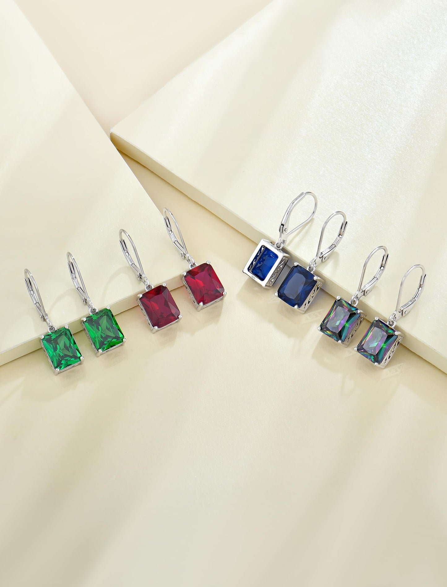 YL Solitaire Dangle Drop Earrings 925 Sterling Silver Leverback Earrings 8X10MM Square Created Sapphire Jewelry