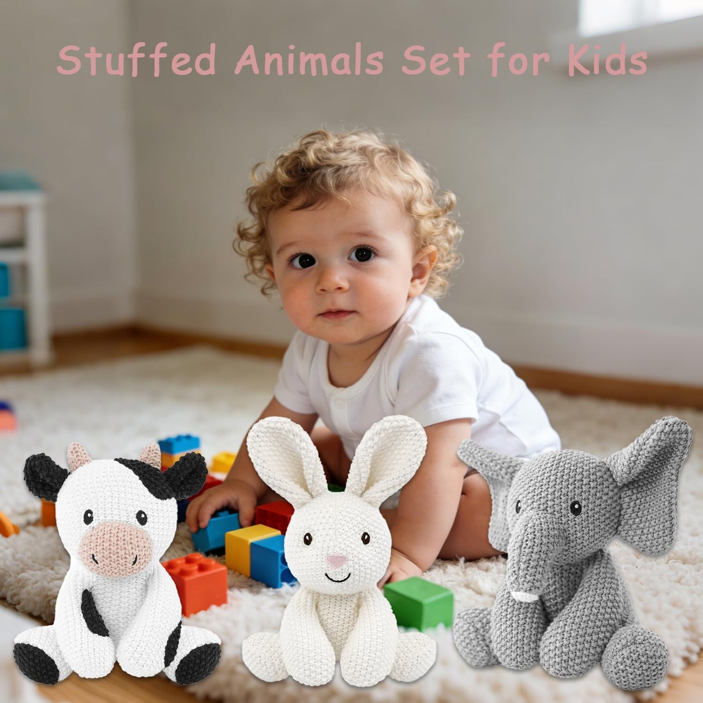 okegztoa 3Pcs Kids Stuffed Animals Toys 7-8" Knitted Crochet Bunny Plush Cute Elephant Cuddly Cow Cotton Animal Plush Toy Set Gift for Girls Boys and Babies, Christmas, Easter