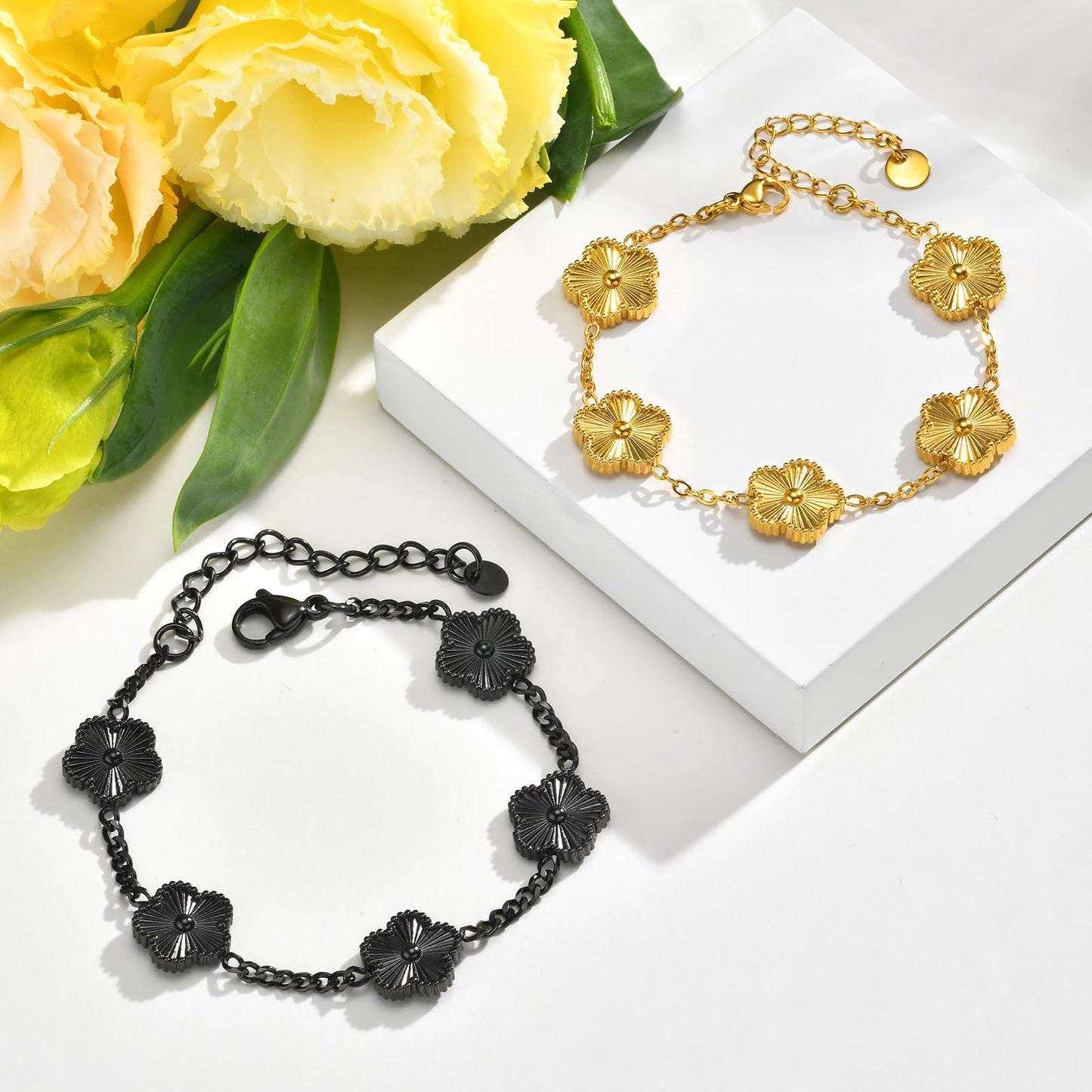 VNOX 2 PCS Floral Bracelets for Men Women -Womens Mens Stainless Steel Gold Cuban Chain Link Bracelet Lucky Charm Four Clover Flower Bracelets Trendy Jewelry Gifts，9