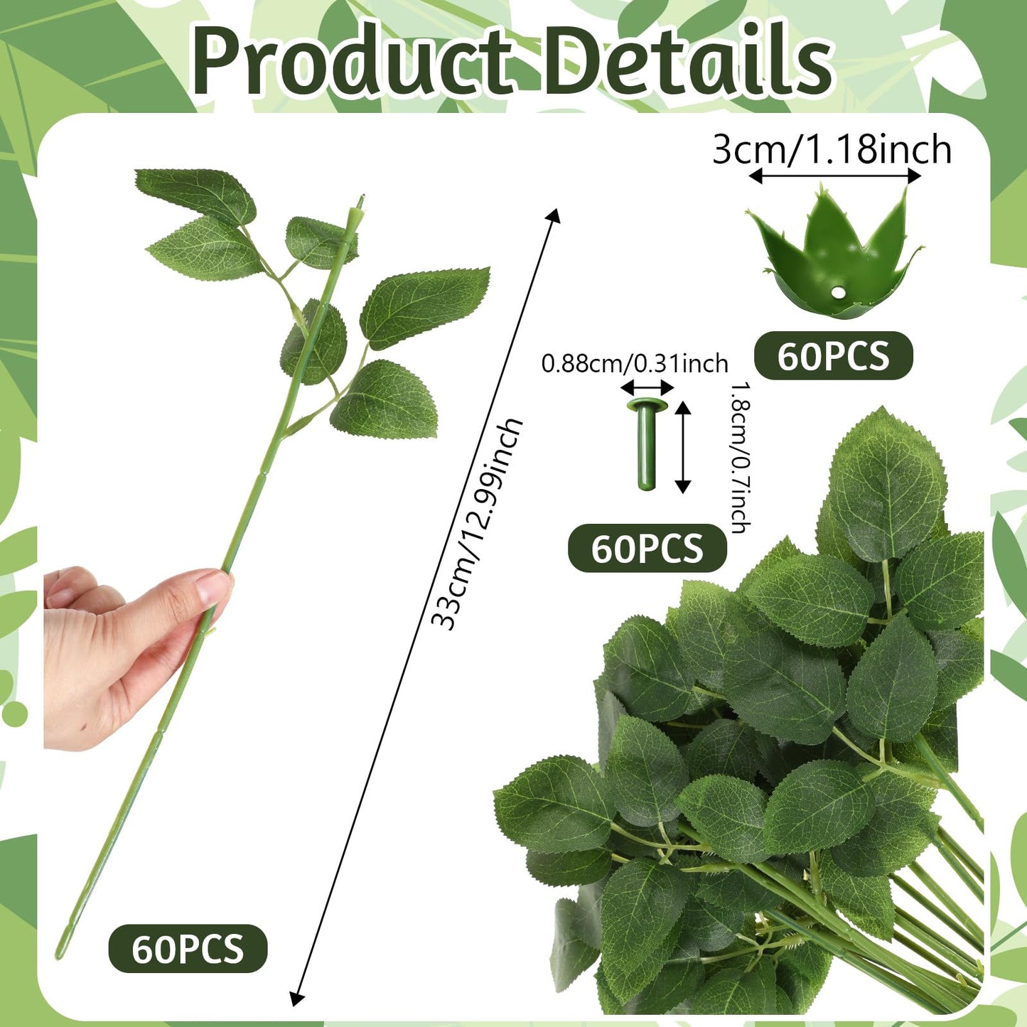 Bruislard 60Pcs Floral Wire Stem with Leaves and 60PCS Artificial Flower Calyxes Set, Floral Rose Arrangement Supplies for Wedding Party, DIY Craft