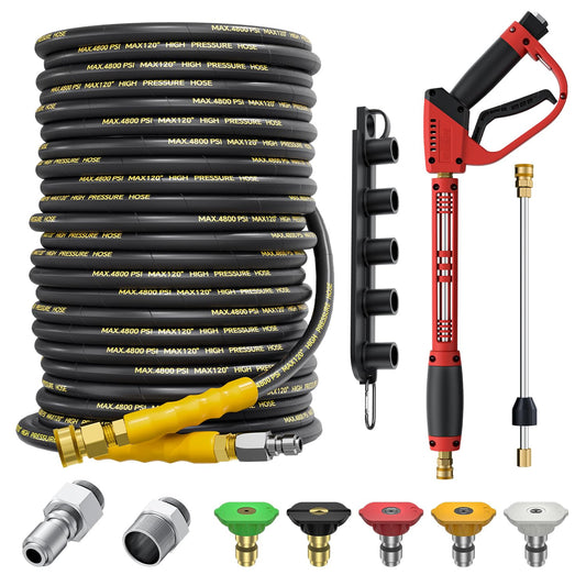 TechSweepPro 5000PSI Pressure Washer Gun and Hose Kit, 100FT Kink Resistant Steel Braided Power Washer Hose with 3/8" Swivel Quick Connector and M22 14mm Adapters Replacement/30" Extension Washer Wand