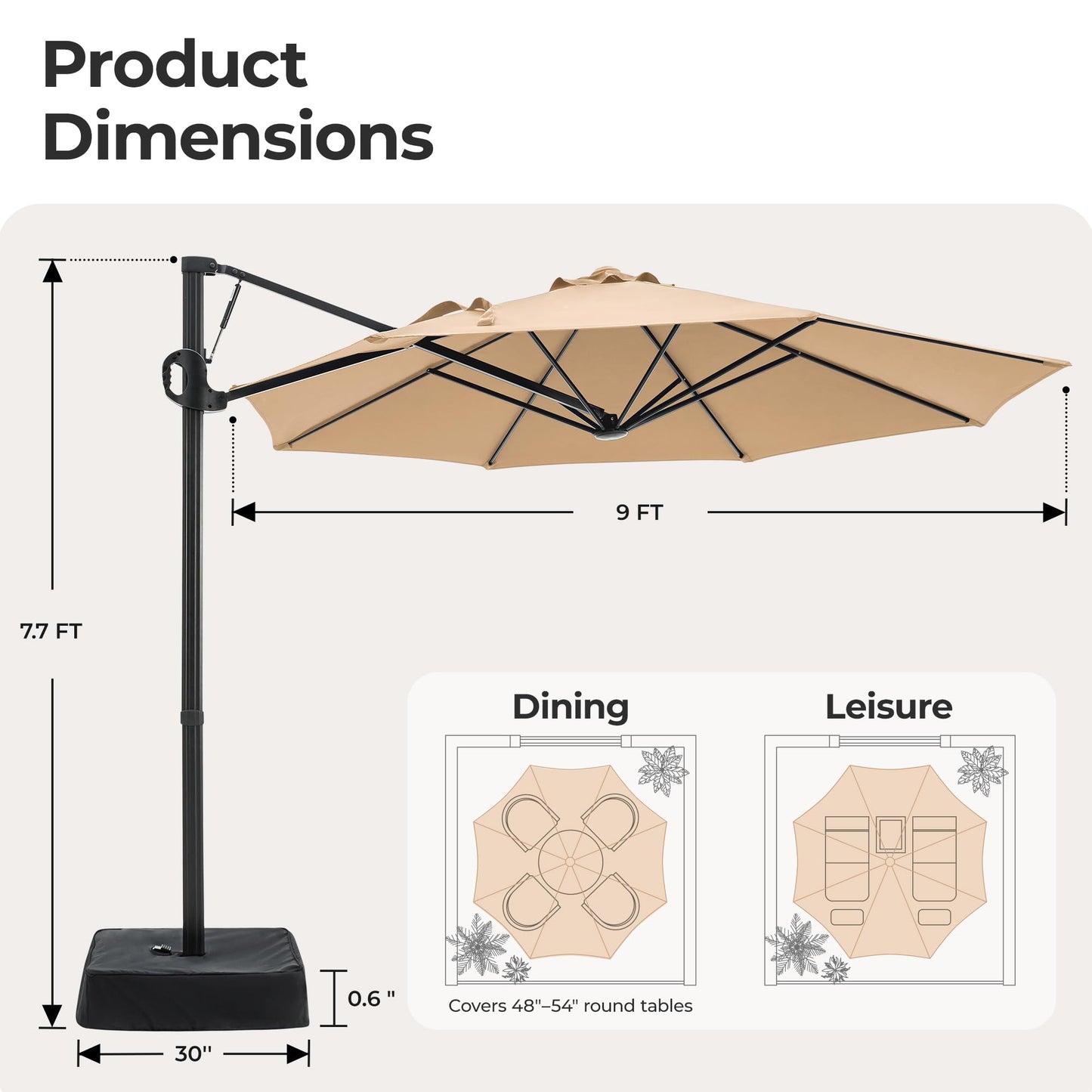 SUPERJARE 9ft Cantilever Umbrella with Base Included, Large Outdoor Umbrellas for Patio, Foot Pedal for 360° Rotation, Durable Metal Ribs, Offset Patio Umbrella, for Pool, Deck, Beige