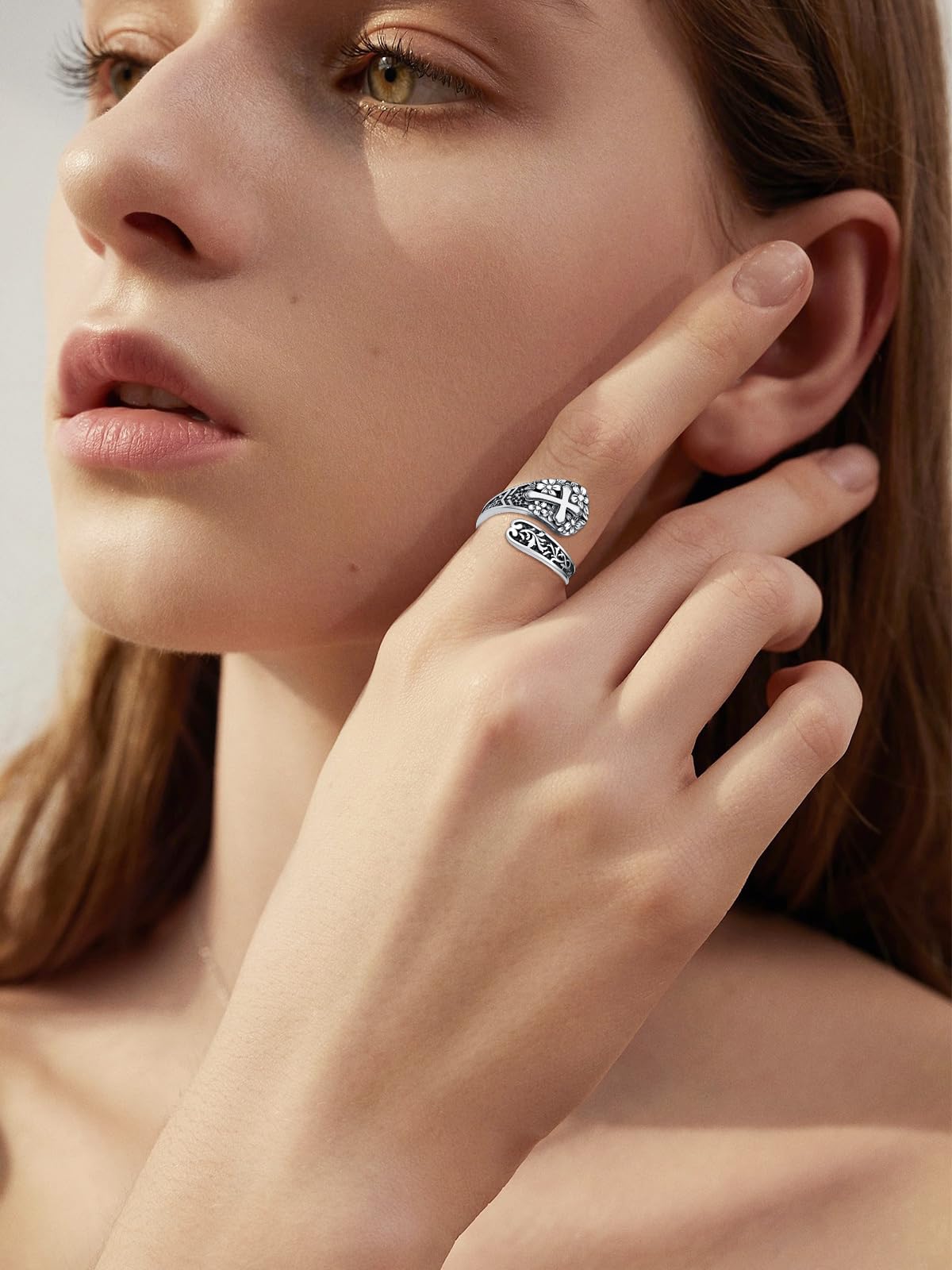 Midari Spoon Rings for Women 925 Sterling Silver Cross Flower Rings Adjustable Oxidized Vintage Flower Faith Finger Thumb Rings Cross Flower Faith Jewelry for Women Daughter Birthday Christmas Gifts