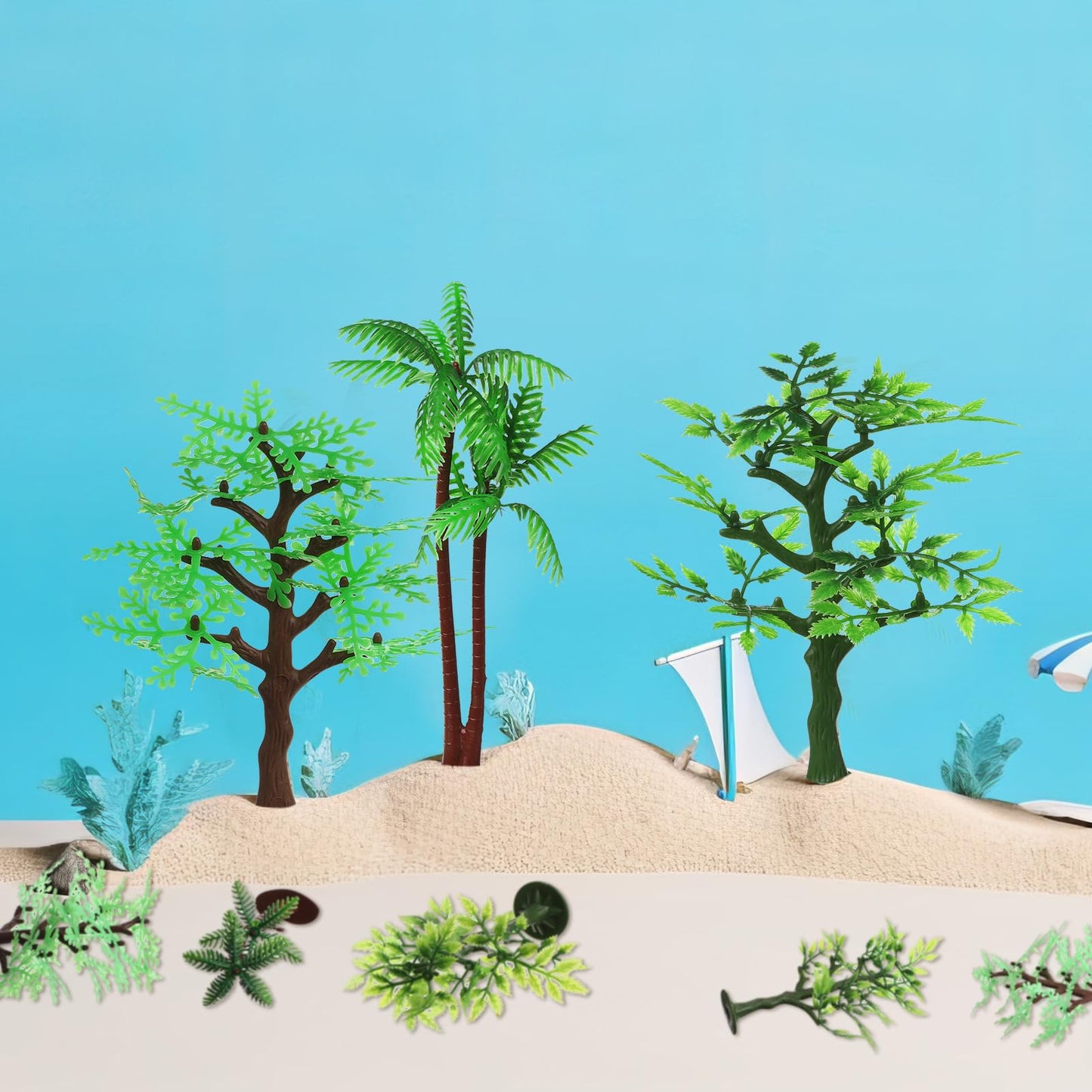Janinka 36 Pcs Mini Toy Jungle Trees Plastic Model Coconut Trees Figurines with Base Cake Decoration Rainforest Diorama Supplies Scenery Architecture for Craft, Building, Scenery Landscape, 4 Styles