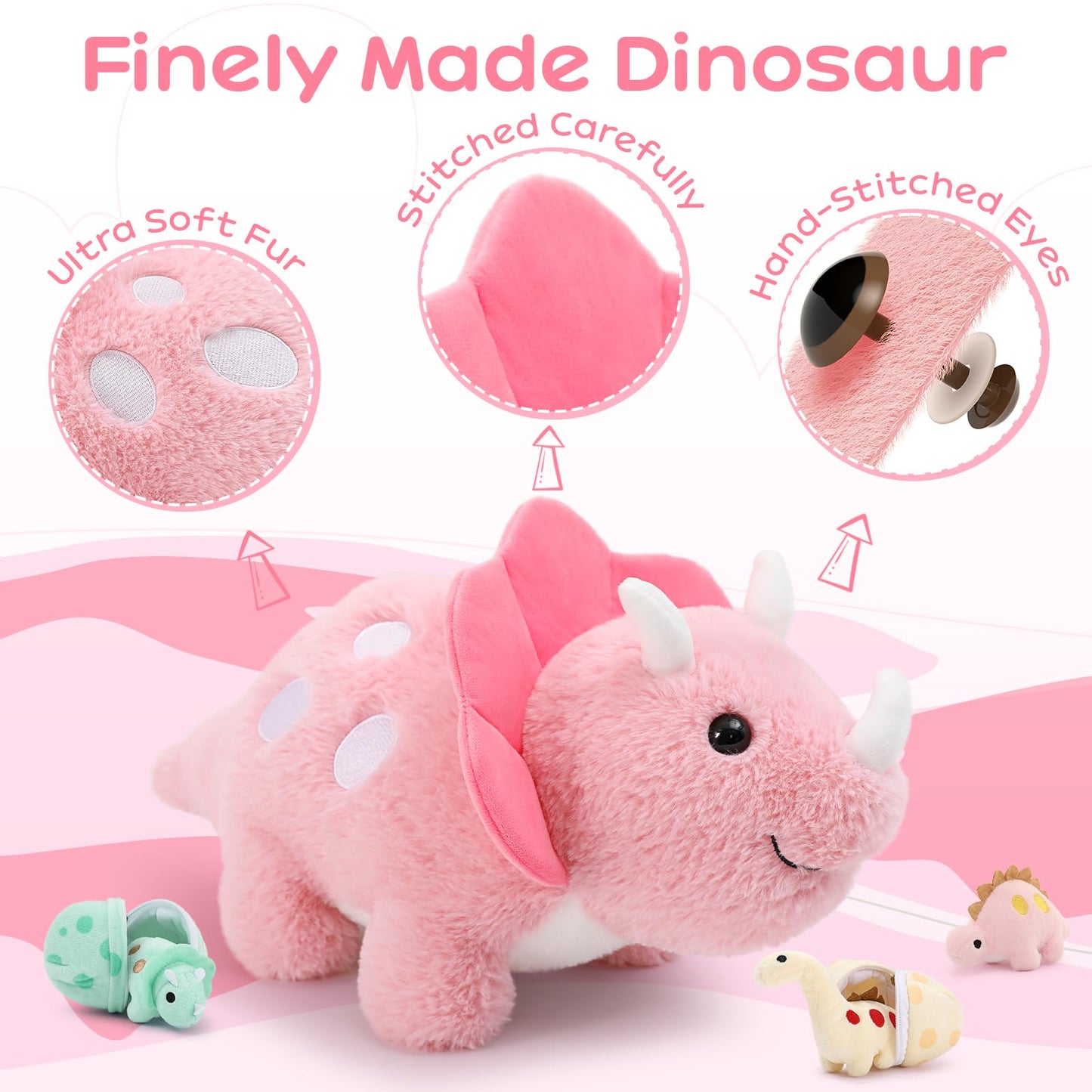 Karister 17.6in Pink Dinosaur Toys for Girls, Mommy Dinosaur Stuffed Animal with 3 Baby Dino Plush(Triceratops, Stegosaurus and Diplodocus),Small Dino Plushies for Girls and Boys,Gifts for Kids