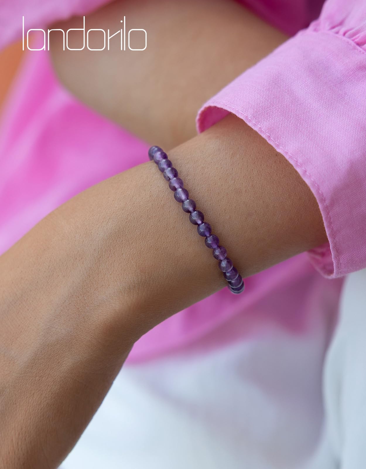 Landorilo Beaded Bracelet for Men Women, 4mm Natural Stone Amethyst Healing Crystal Stretch Bracelets, Ideal Christmas Birthday Jewelry Gifts with Energy Card，Replacement Beads Included