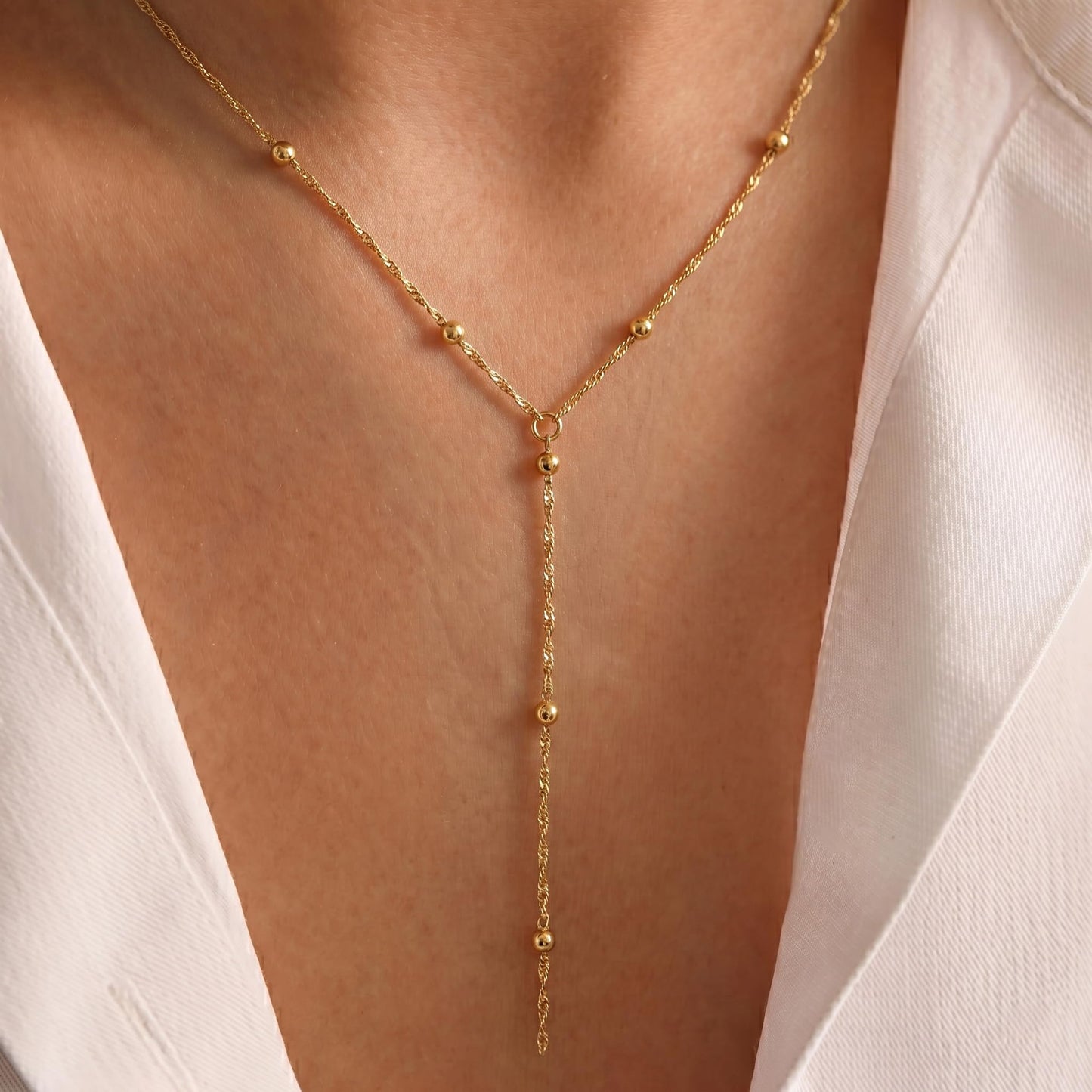 Tewiky Lariat Necklace for Women, Dainty Gold Long Necklaces 14k Gold Plated Heart Pearl CZ Teardrop Pendant Necklace Simple Drop Necklace Trendy Y Necklace Fashion Jewelry for Women