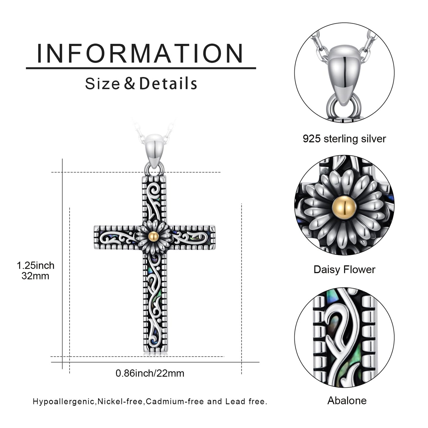 KoyeKei Daisy Necklace 925 Sterling Silver for Women Daisy Flower Cross Filigree Necklaces Pendant Christian Religious Abalone Jewelry Gifts for Mothers Day Birthday Mom Grandma Sister