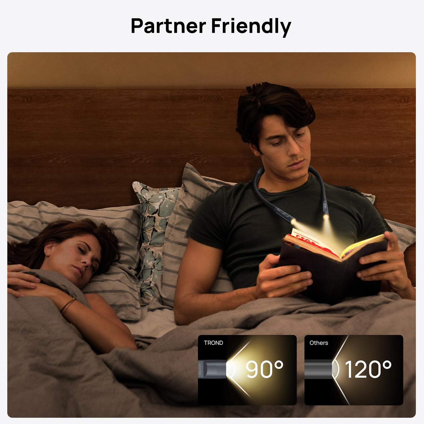 TROND LED Neck Reading Light, 3 Color 3 Brightness Book Light for Reading in Bed, 1000mAh Rechargeable Lamp, Flexible Arm with Outdoor Warning Lamp, Eye-Caring for Crochet, Travel, Book Lovers Gifts