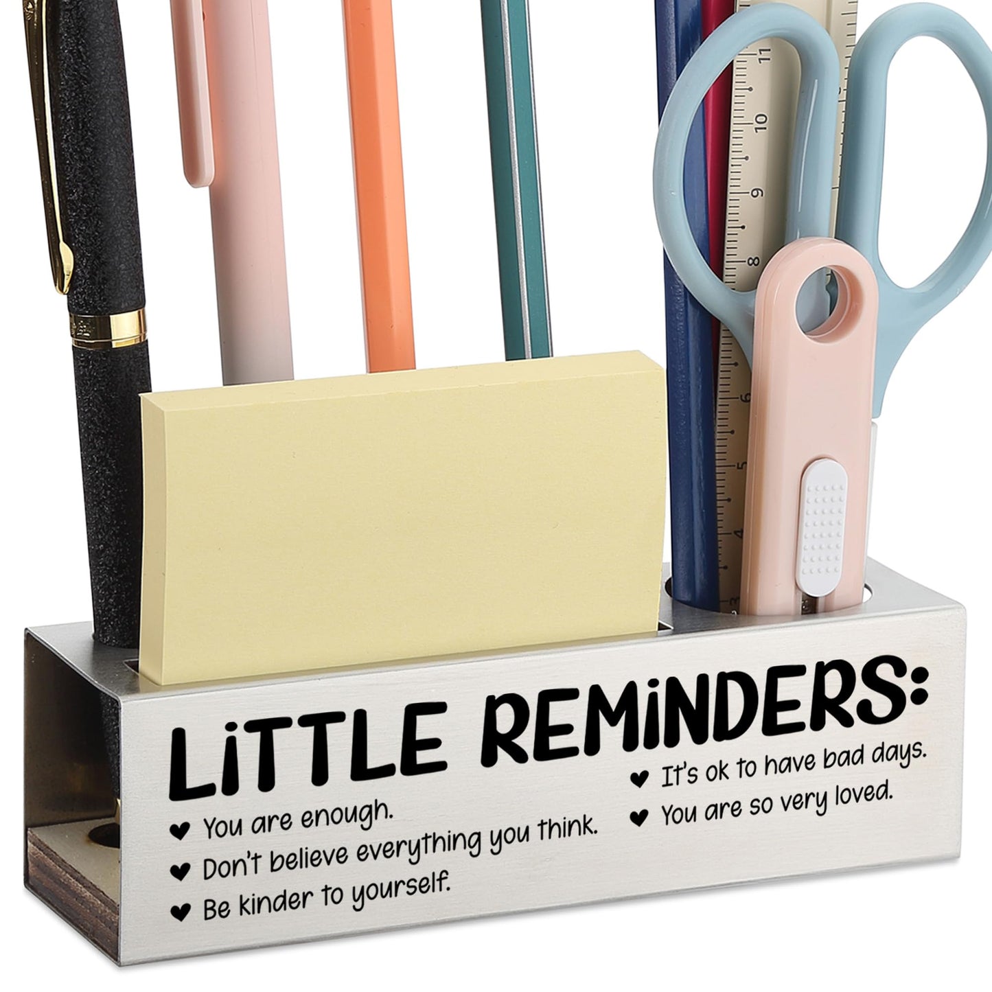 Inspirational Pencil Holder Desk Organizer with Little Reminders, Stainless Steel Office Supply Caddy for Women Men, Positive Message Teacher Coworker Gift, Laser Engraved Classroom Decor - FBA400