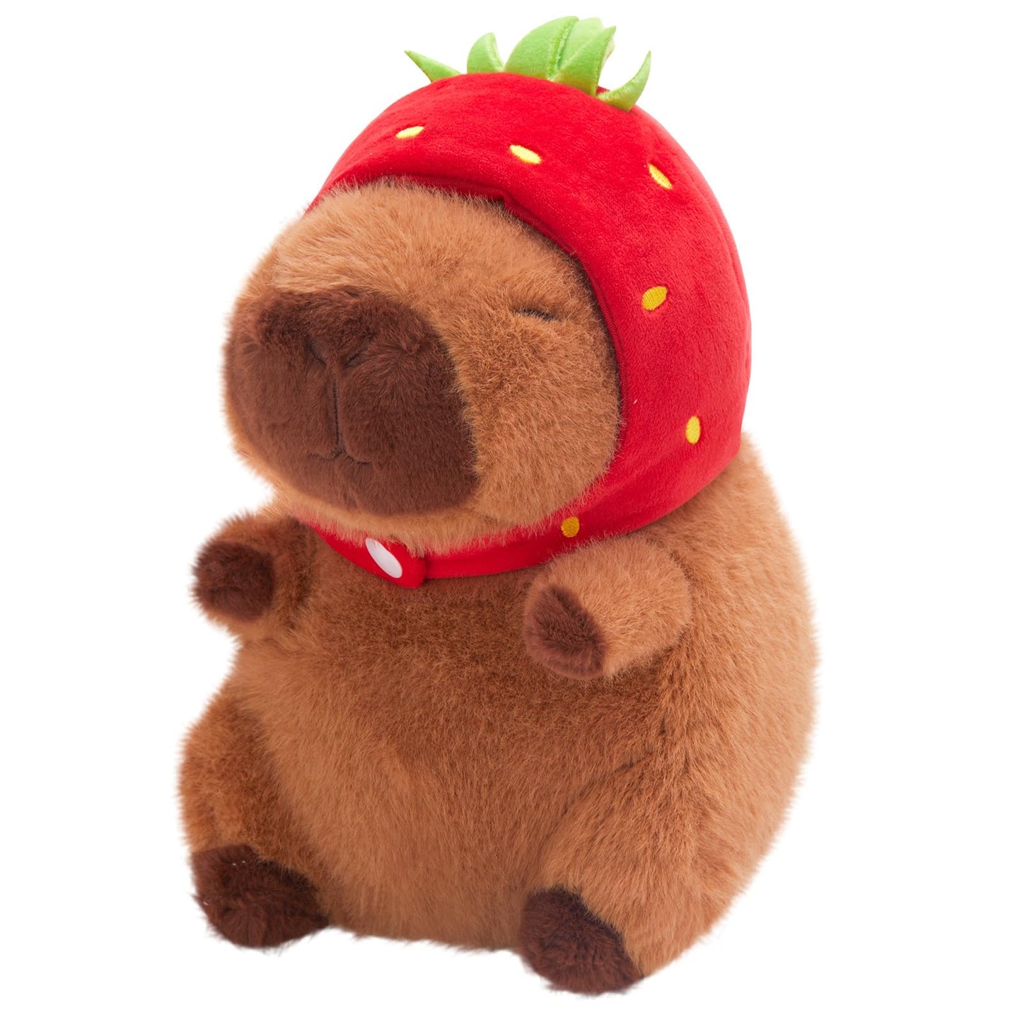 Athionsu 9’’ Capybara Plush with Strawberry Hood Cute Kawaii Soft Stuffed Animal Toy Cozy Plush Pillow for Toddler Kids Boys Girls