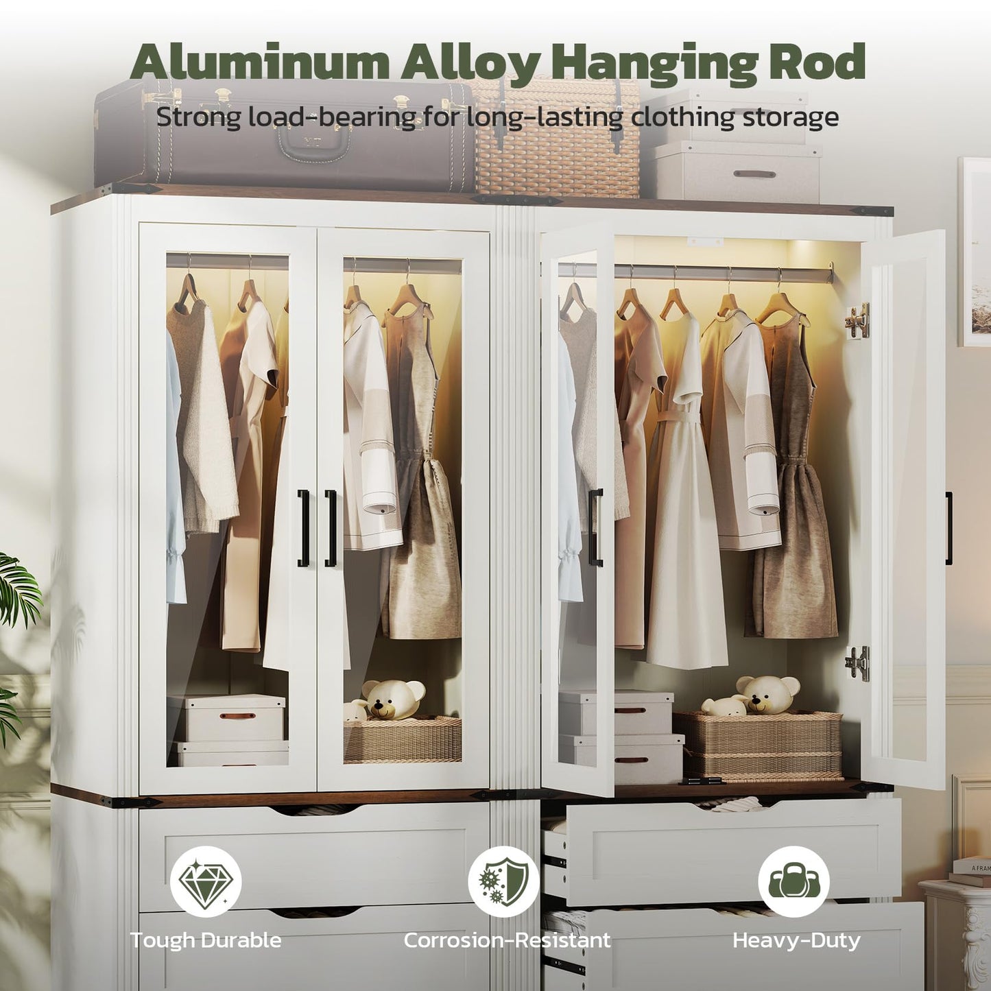 Concho 73'' Tall Farmhouse Armoire Wardrobe Closet with LED Light, Wood Wardrobe Closet with 2 Doors 3 Drawers, Freestanding Bedroom Armoire Clothing Storage Cabinet, White