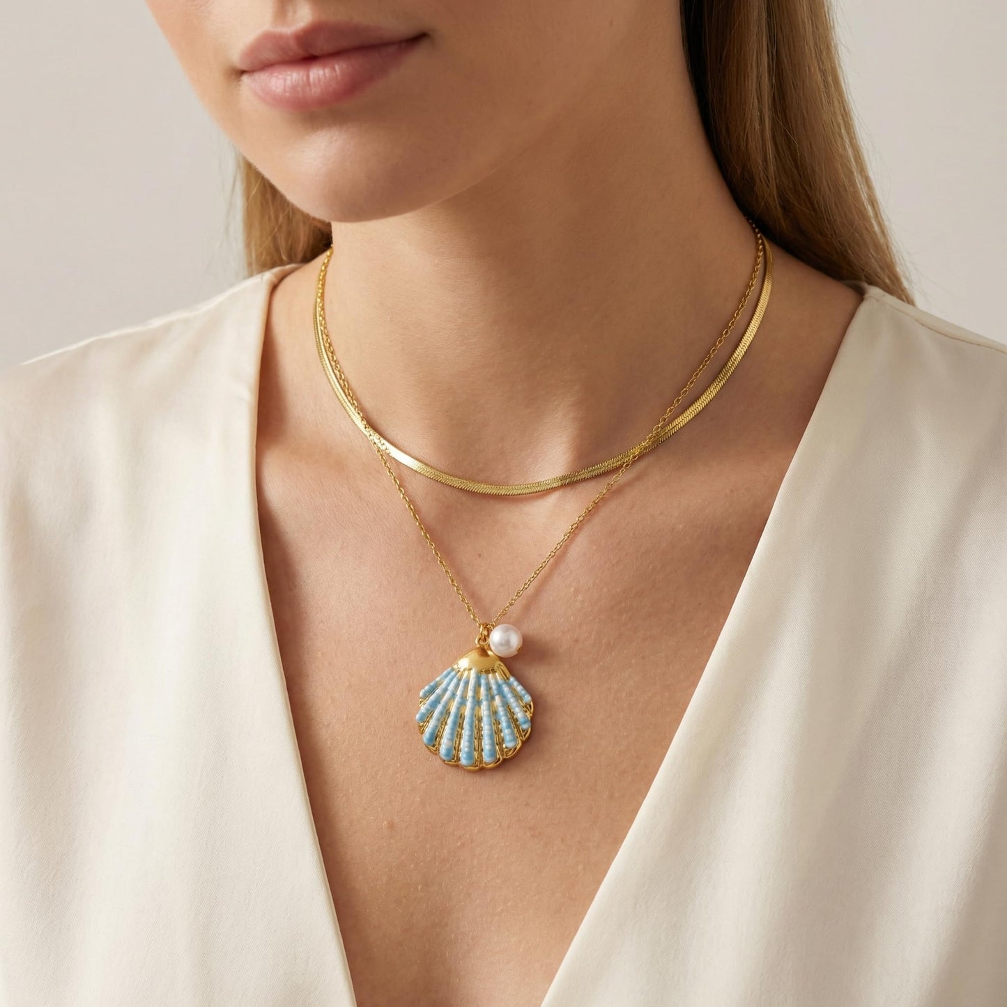 Harlermoon Gold Starfish Necklace for Women - 18K Gold Plated Stainless Steel Ocean Beach Jewelry, Sea Turtle Shell Pearl Pendant, Waterproof Non Tarnish Snake Chain Choker, Summer Vacation Mermaid Gifts (Large Shell Snake Chain)