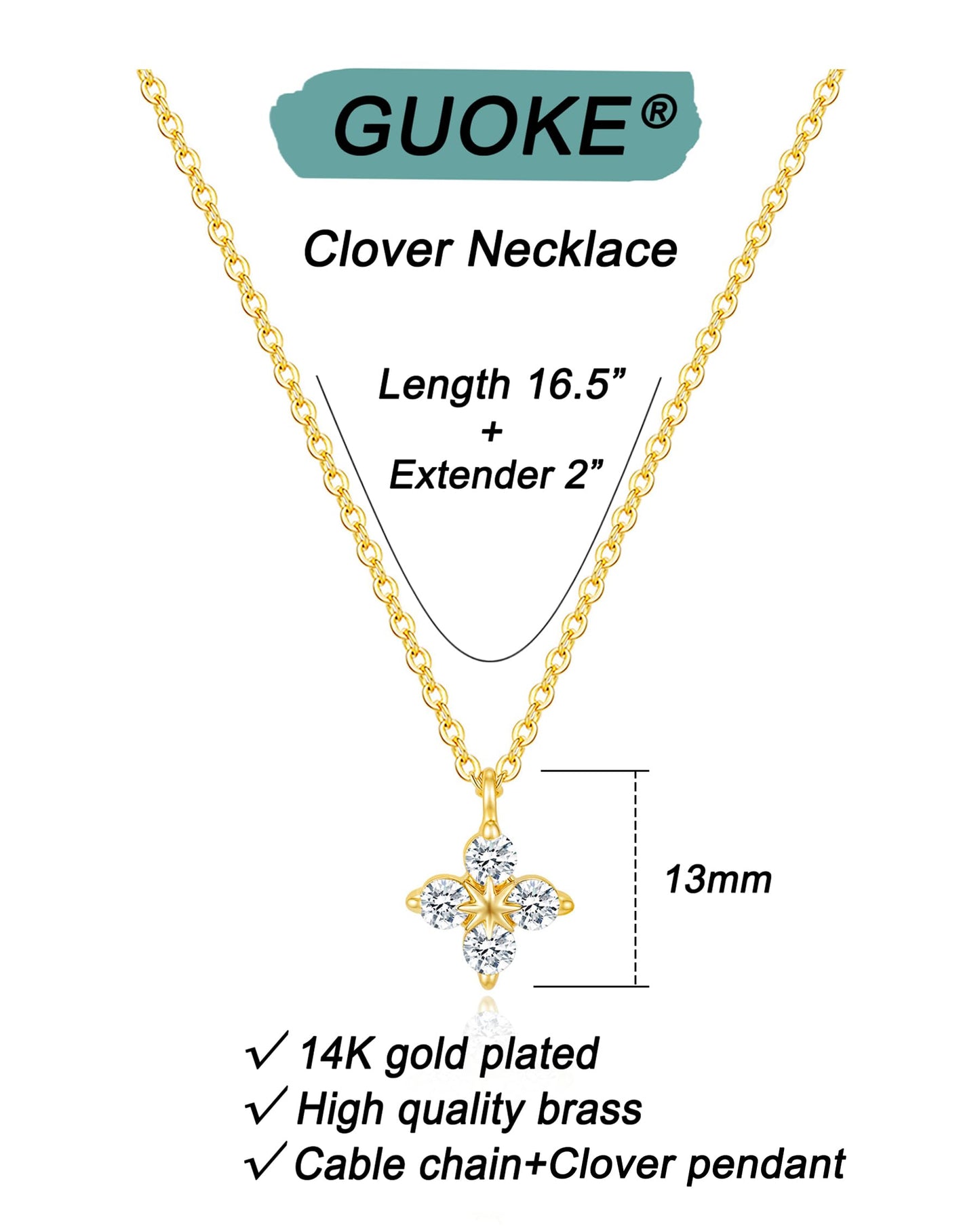 GUOKE Clover Necklace for Women, 14K Gold Plated Cute Dainty Necklace Four Leaf Clover Pendant Mothers Day Jewelry Gift