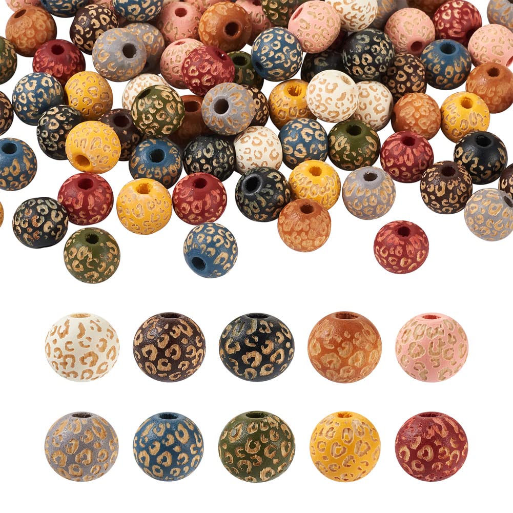 KISSITTY 100pcs/box Painted Wooden Beads for Crafts Natural Wood Beads Leopard Print Beads 10 Colors for DIY Bracelet Necklace Earrings Jewelry Making About 10mm in Diameter