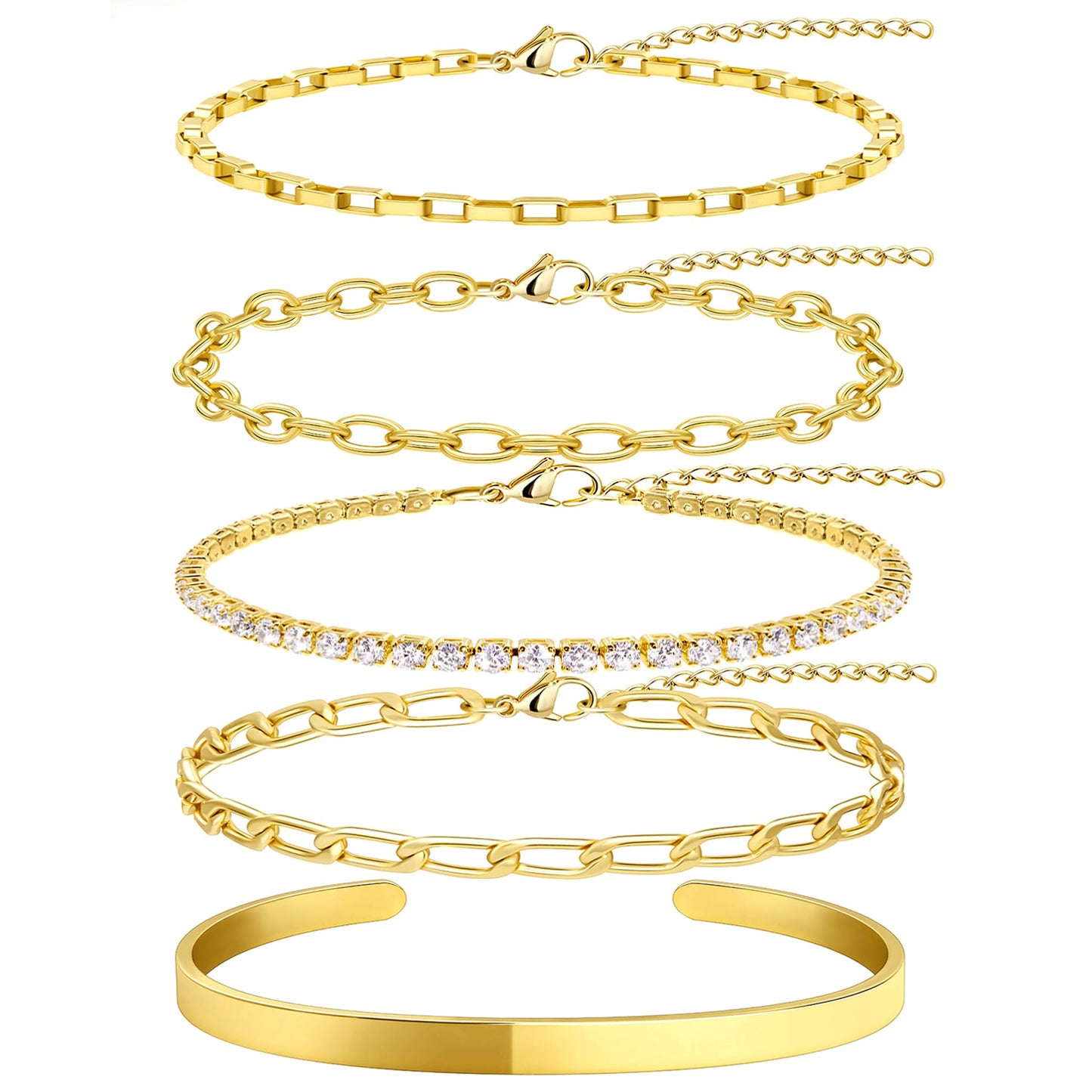 5PCS Gold Bracelet for Women Trendy, 14K Gold Plated Tennis Chain & Cuff Bracelets Set Dainty Cute Gold Stackable Bracelets Non Tarnish Gold Jewelry Set Gift