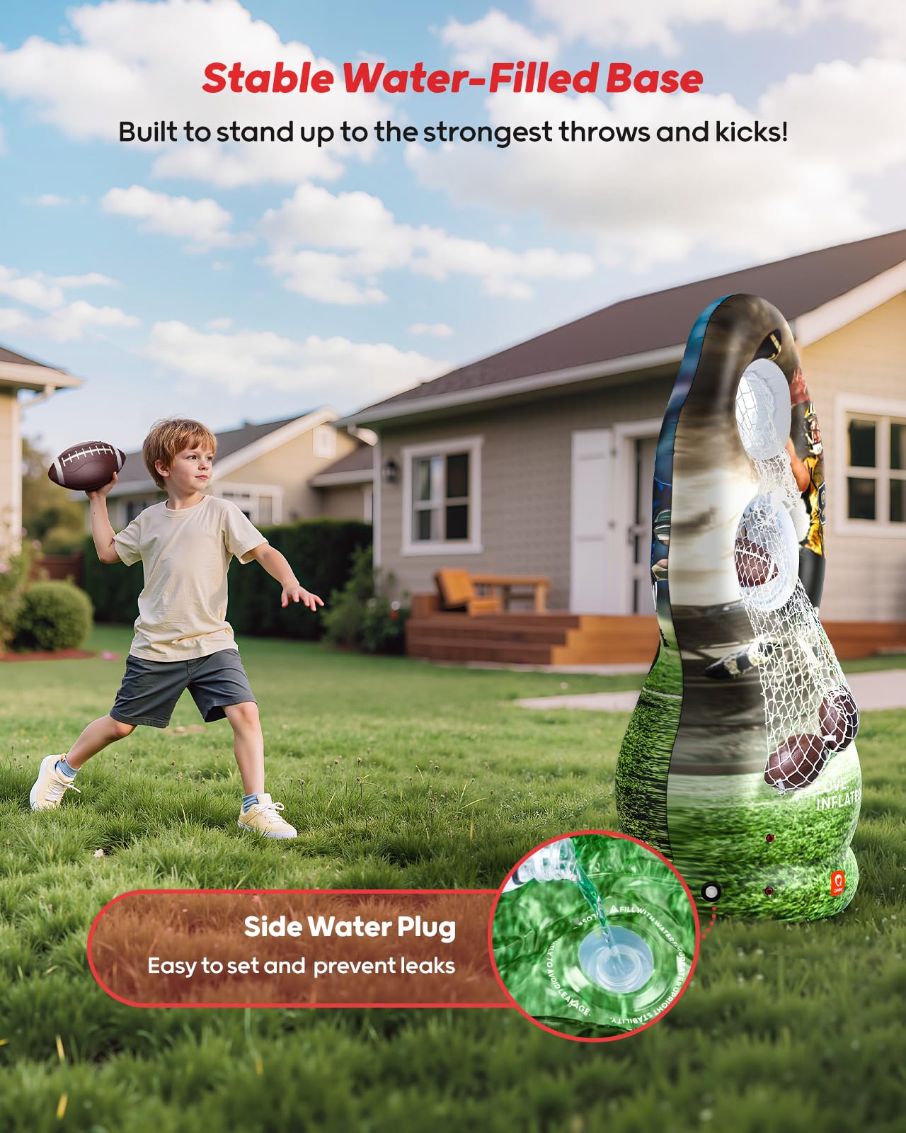 QPAU Life-Size Inflatable Football Target with Dual-Hole & Water-Filled Base - Includes 4 Balls, 2 Pumps & Dry Erase Scoreboard - Heavy Duty Outdoor Backyard Sports Toss Games for Kids, Teens & Adults