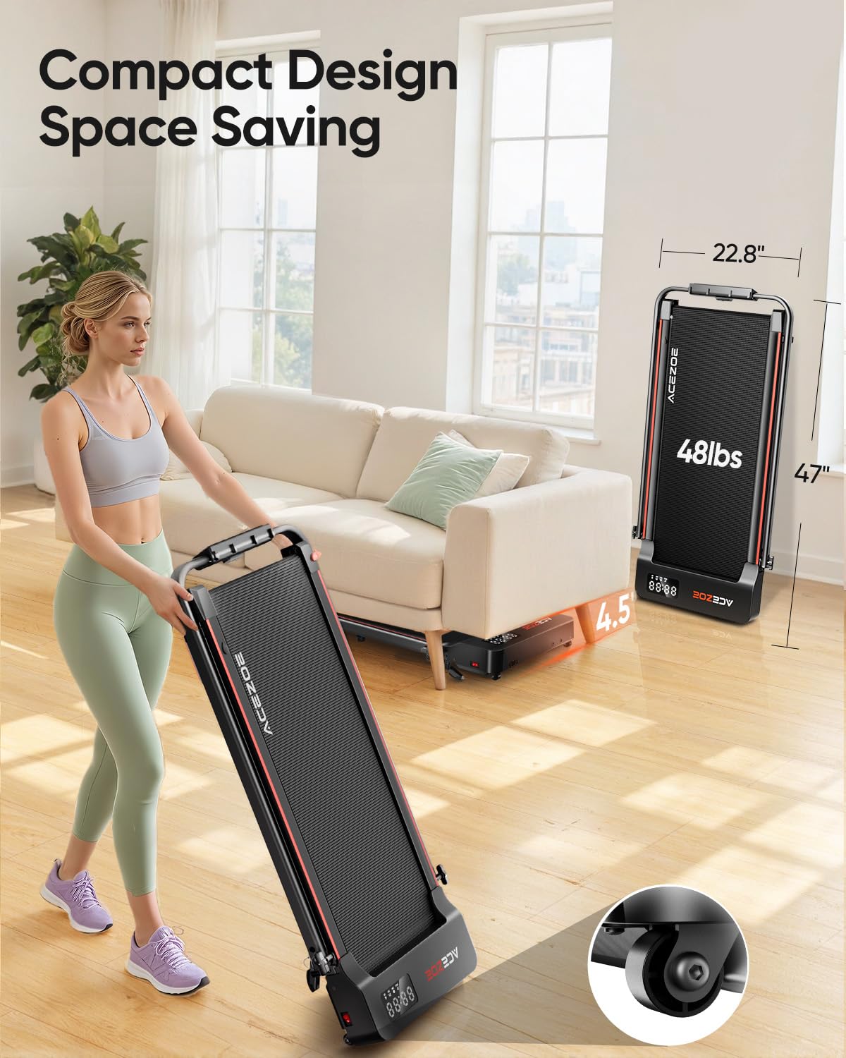 Acezoe 2-in-1 Foldable Treadmill with 3-Level 10% Incline, Walking Pad for Home Small Office, Compact Portable Under Desk Treadmill with Handle,Dual LED Display, APP & Remote, 300 lbs Capacity
