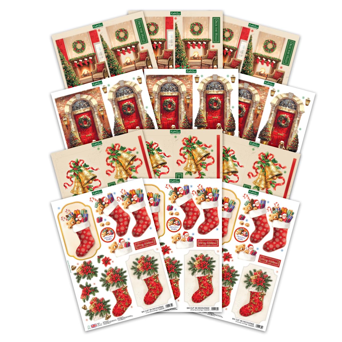 Katy Sue Deck The Halls Die-Cut Decoupage Pack. 12 Pre-Cut Die-Cut Decoupage Sheets for Christmas Card Making Supplies & Card Toppers Featuring Christmas Stocking, Jingle Bells & Holiday Scenes