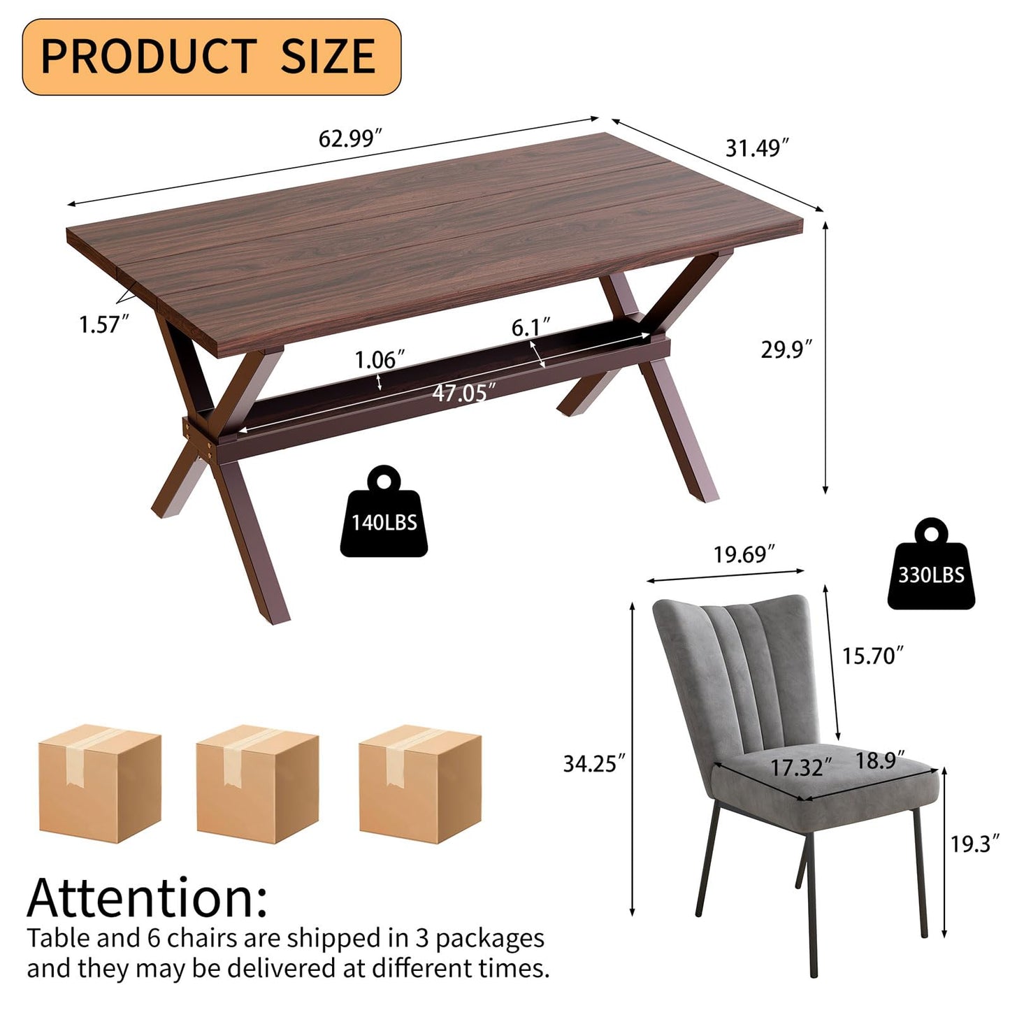 HIPIHOM 63" Dining Table for 4, MDF Kitchen Table with Dining Chairs, Strong Metal Legs, Ideal for Kitchen Living Room