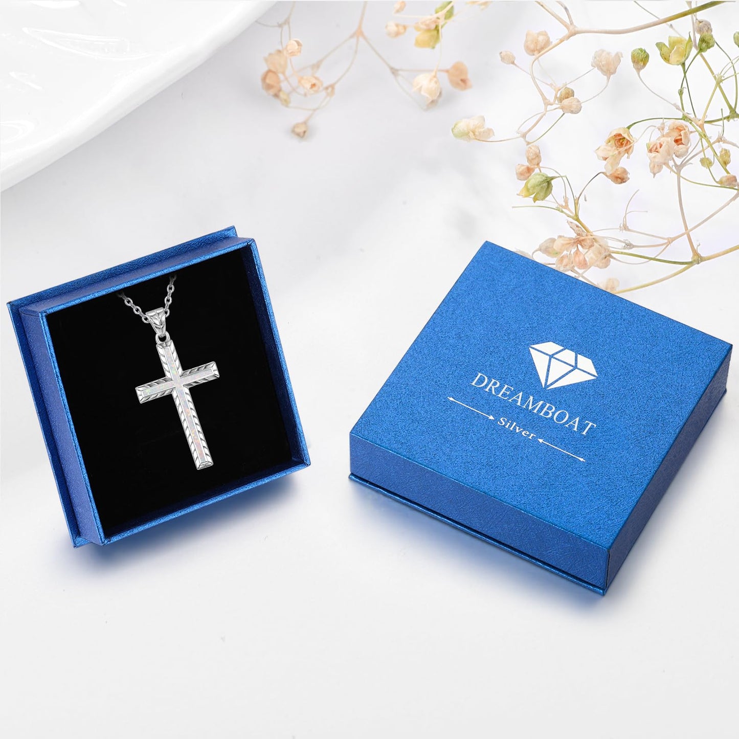 Dreamboat Sterling Silver Cross Necklace for Womens Cross Pendant Faith Christian Jewelry White Opal Necklace Confirmation Religious Gifts