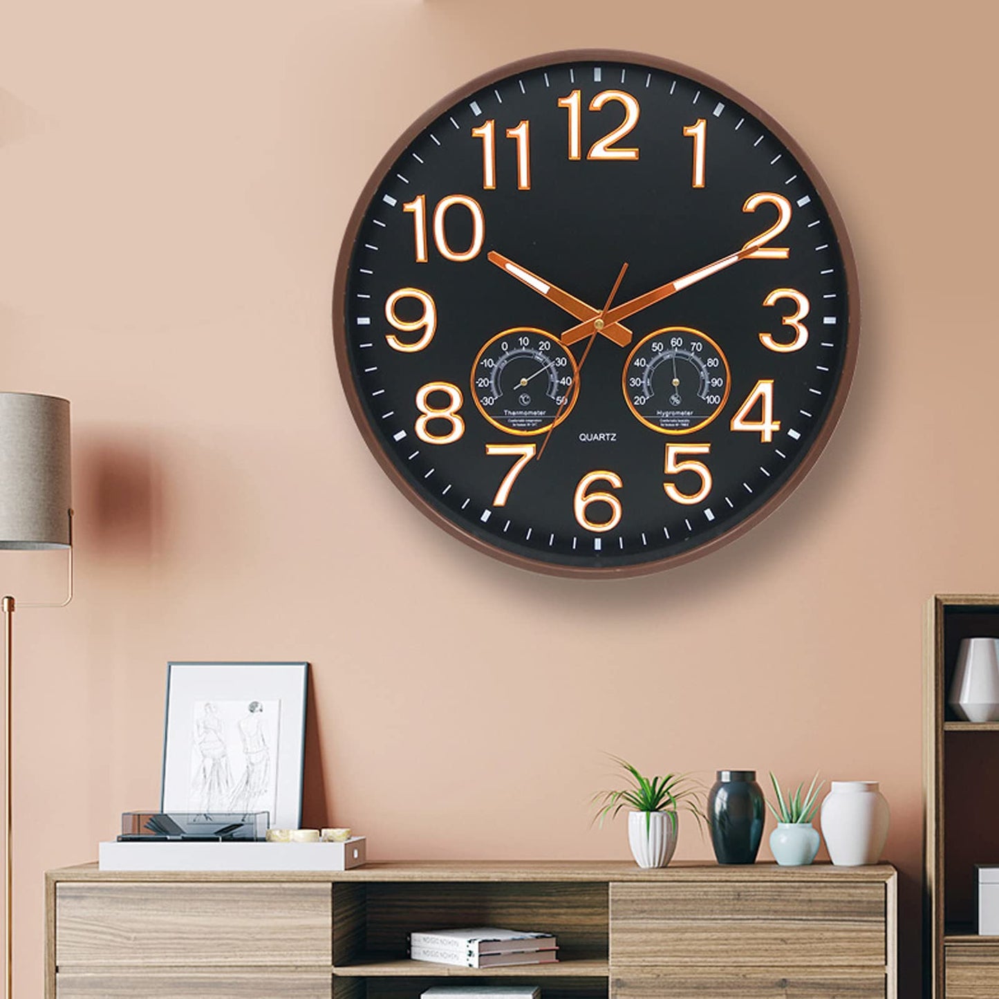 Modern Wall Clock, 15" with Thermometer Digital Clock, Household Arabic Numerals Non-Ticking Decorative Wall Watch Battery Operated Mute Movement for Living Room Bedroom Office School Hotel